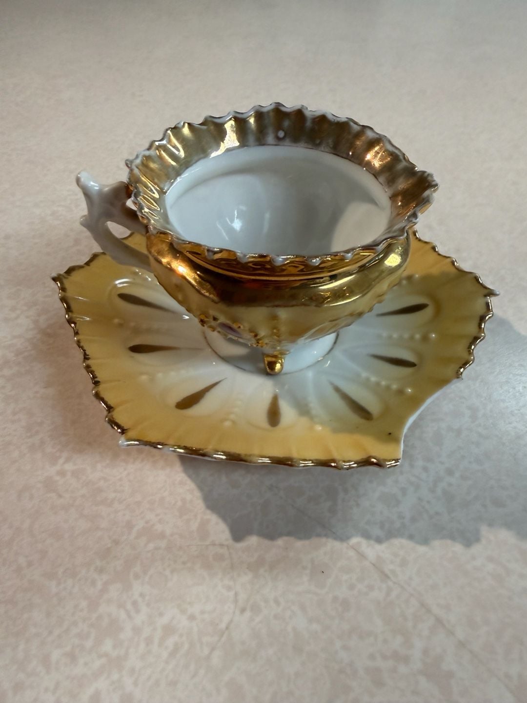Vintage Porcelain Footed Tea Cup and Saucer Yellow Gold Trim 3