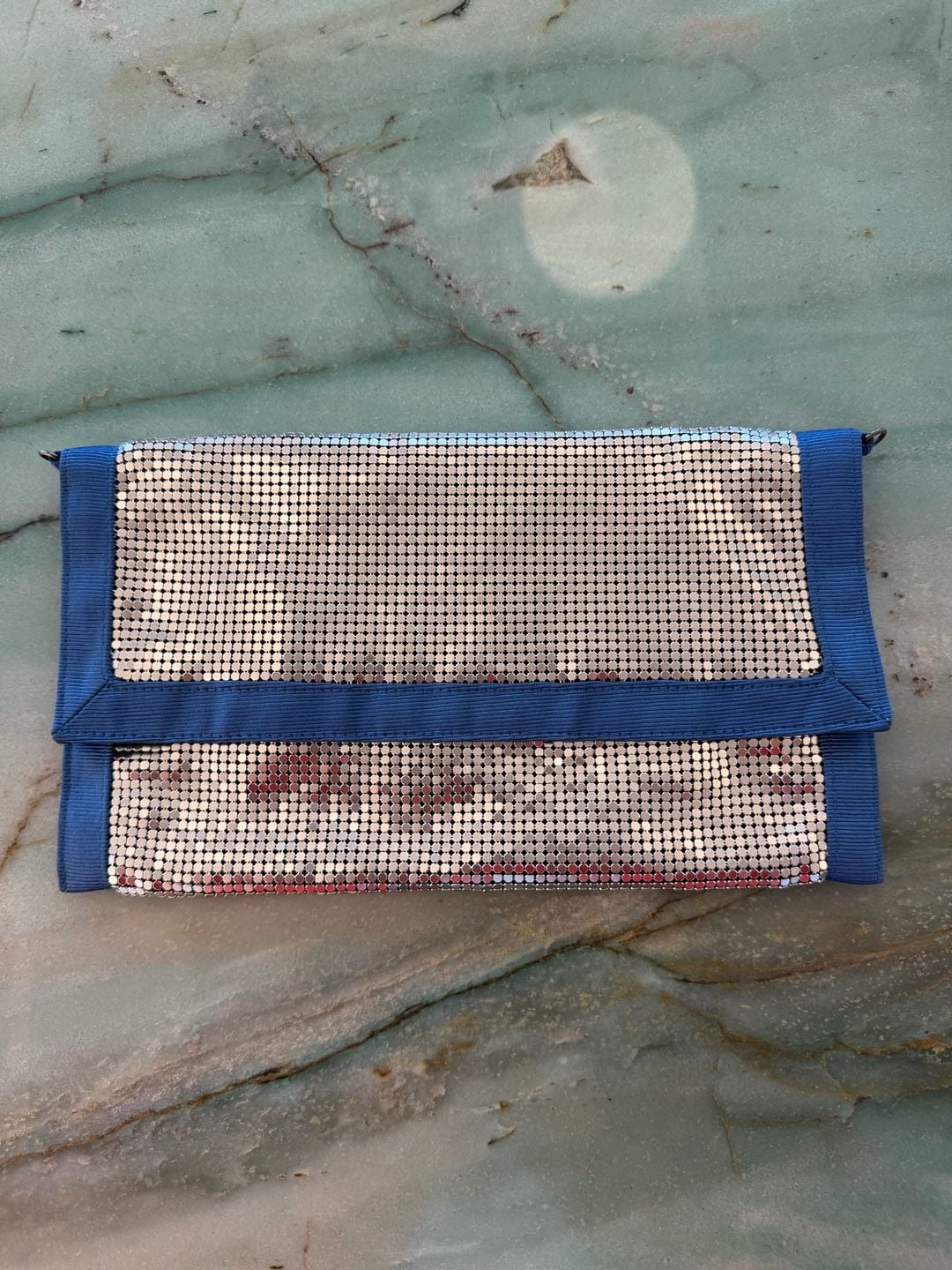 BCBGMAXAZRIA Silver Mesh Blue Trim Clutch 2