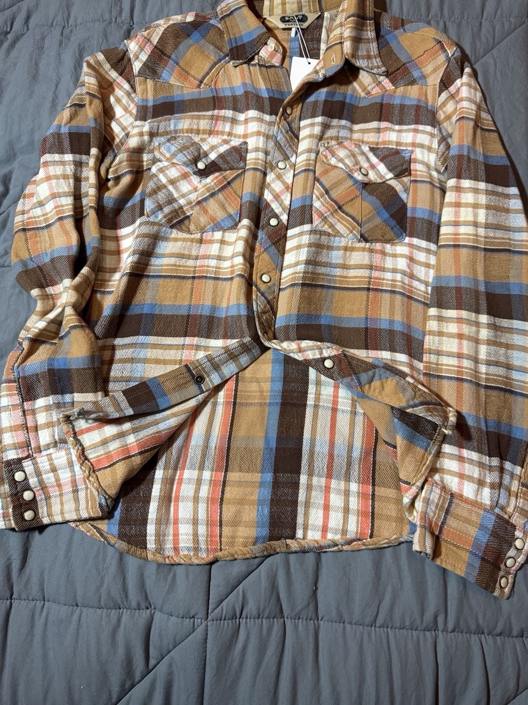 Salt Valley Western Plaid Long Sleeve Pearl Snap Shirt Size M Brown Blue 6