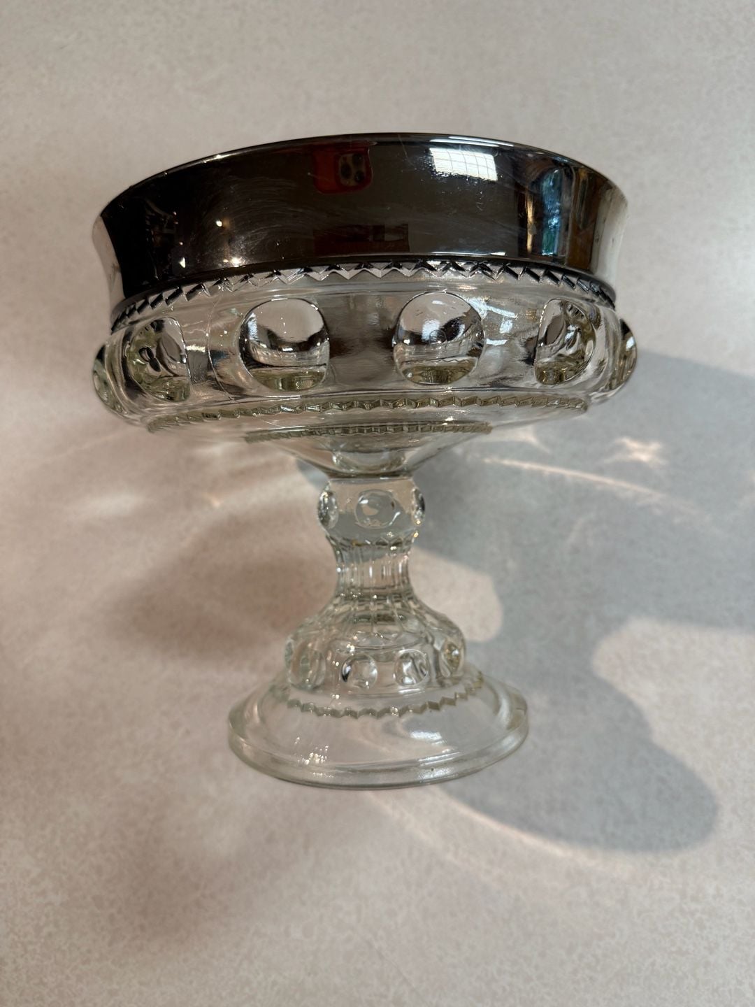 Vintage Clear Glass Footed Compote Bowl with Silver Overlay Rim 1
