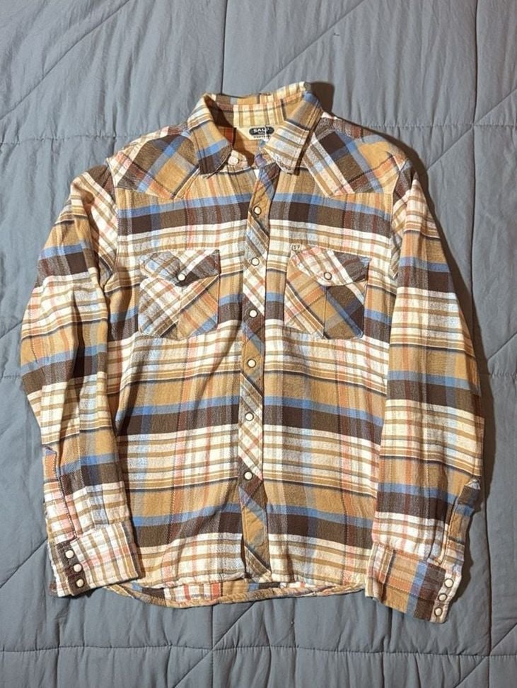 Salt Valley Western Plaid Long Sleeve Pearl Snap Shirt Size M Brown Blue 2