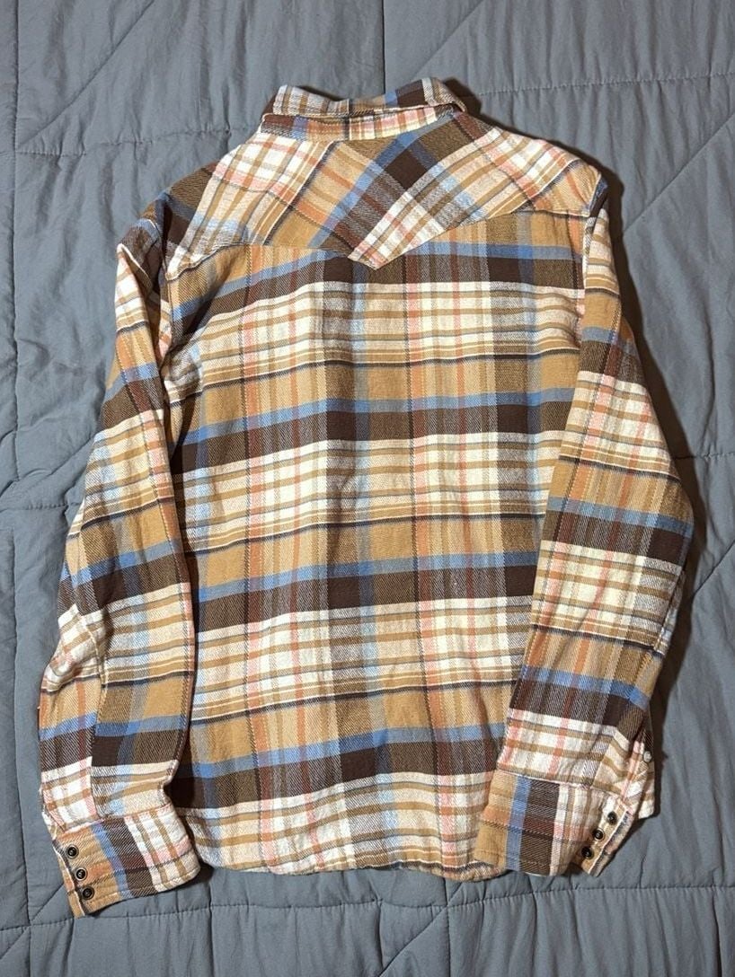 Salt Valley Western Plaid Long Sleeve Pearl Snap Shirt Size M Brown Blue 7
