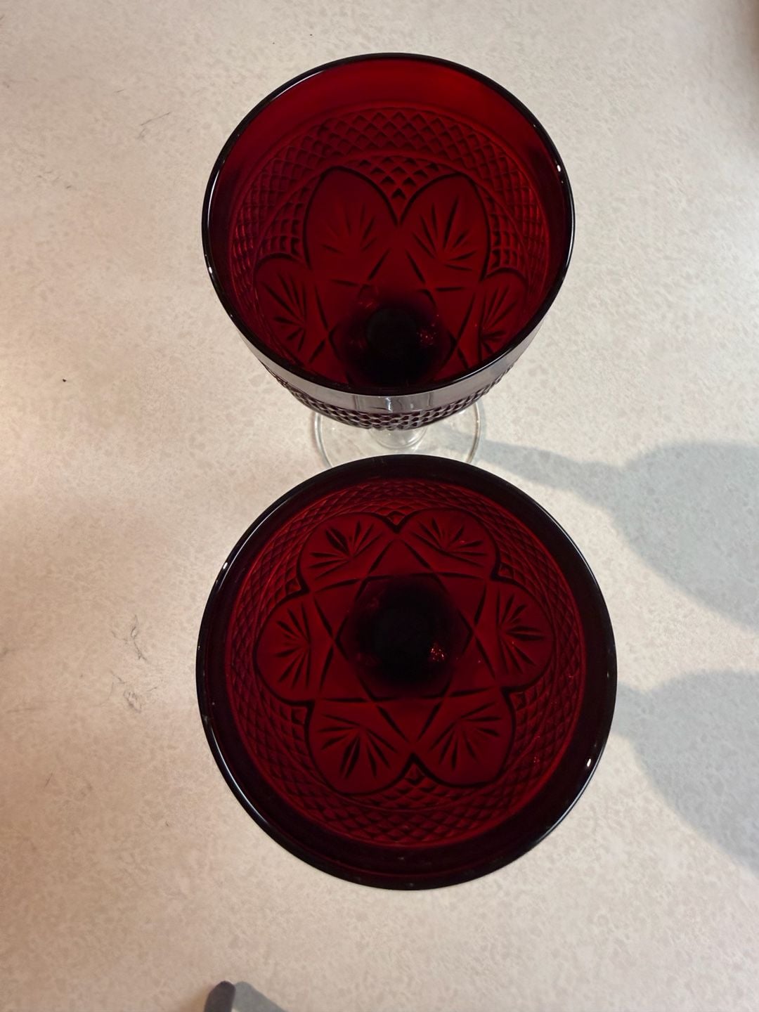Vintage Ruby Red Cut Crystal Wine Glasses Set Of 2 2