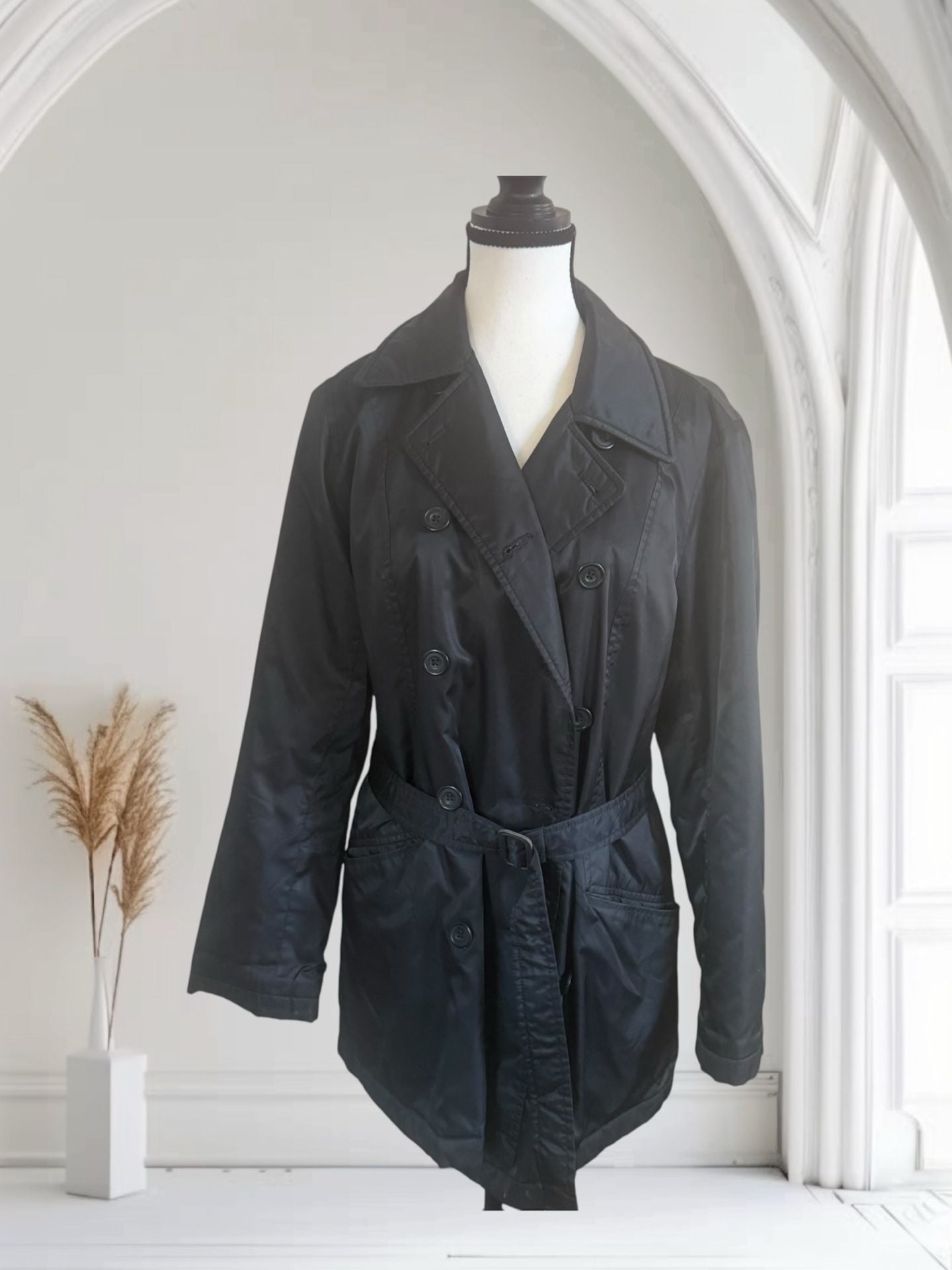 Faconnable Trench Coat Size S Black Double Breasted Jacket 2