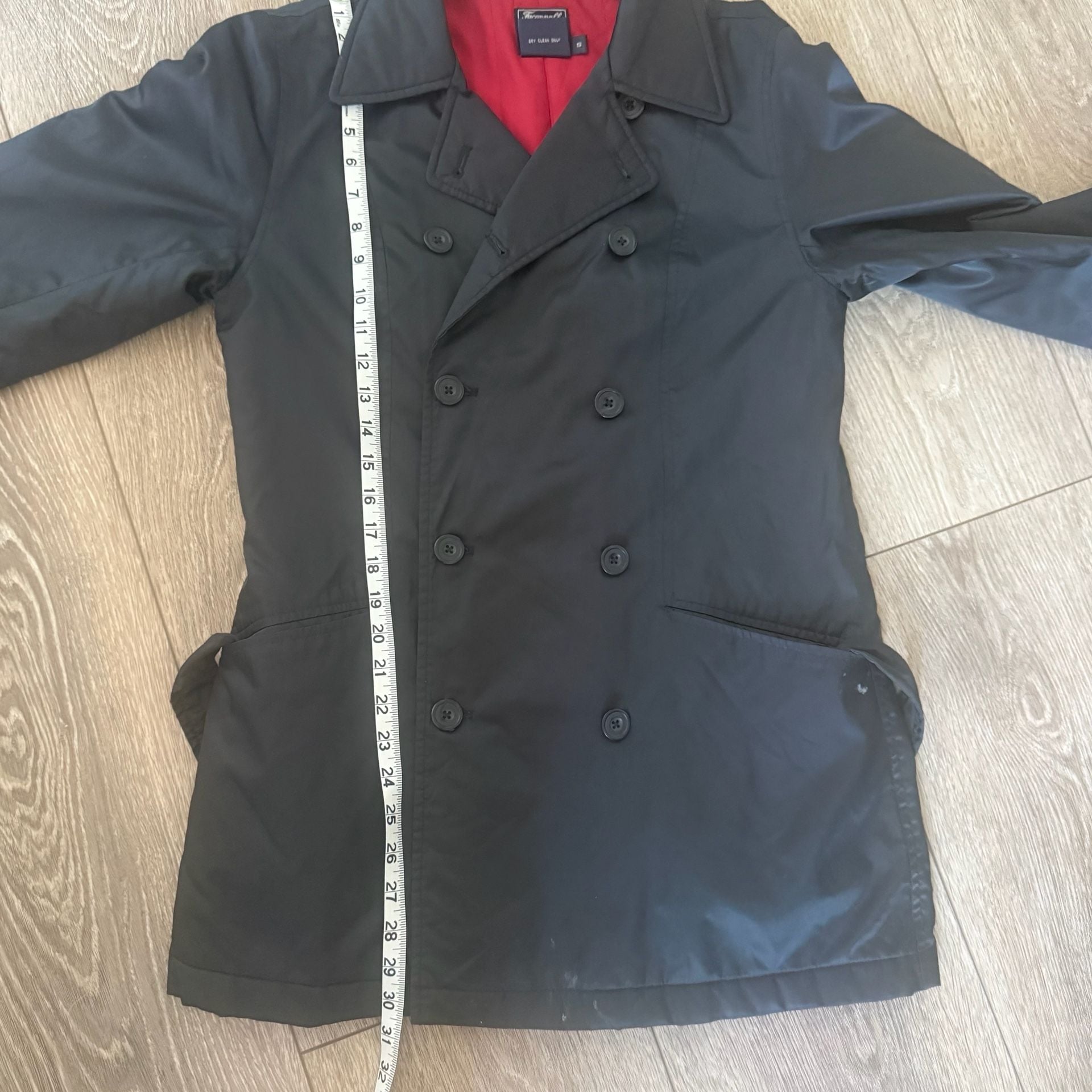 Faconnable Trench Coat Size S Black Double Breasted Jacket 6