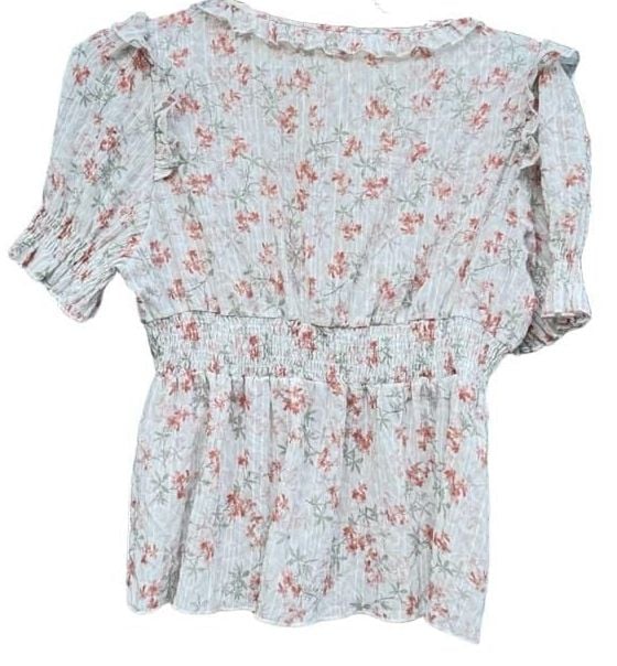 Floral Tops (2) Size S Pink Ivory Short Sleeve Ruffle Coral Flower Bouquet Blouse 9
