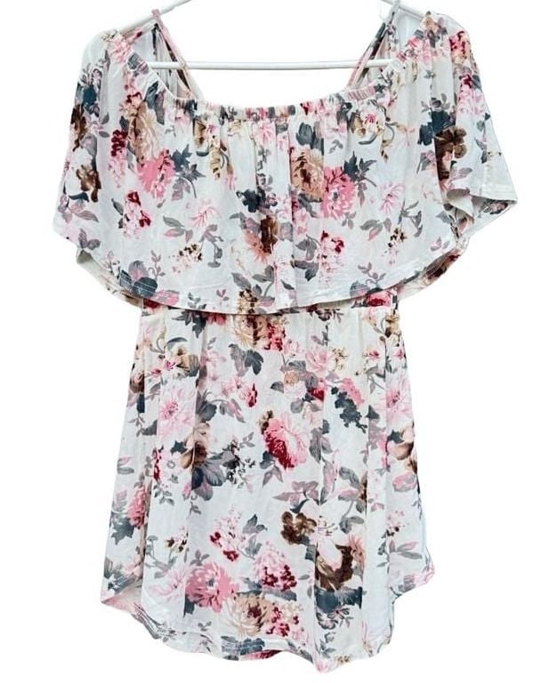 Floral Tops (2) Size S Pink Ivory Short Sleeve Ruffle Coral Flower Bouquet Blouse 3