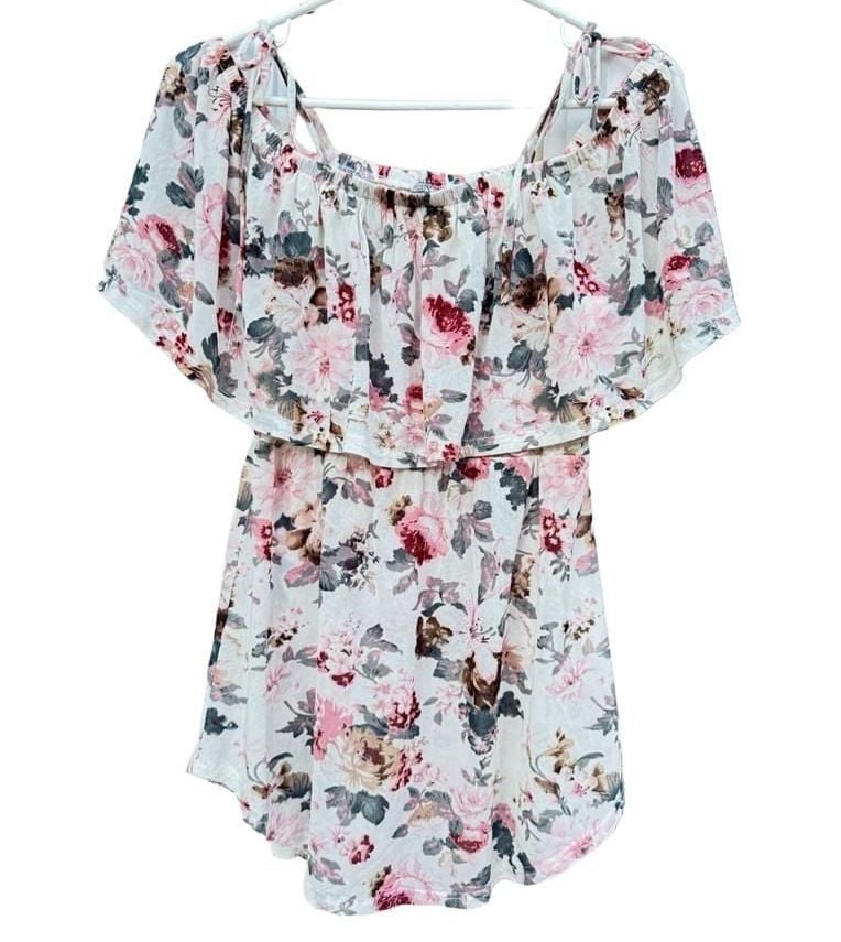 Floral Tops (2) Size S Pink Ivory Short Sleeve Ruffle Coral Flower Bouquet Blouse 6
