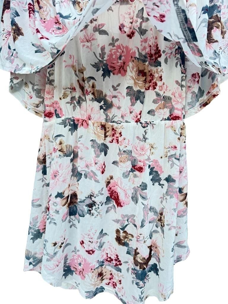 Floral Tops (2) Size S Pink Ivory Short Sleeve Ruffle Coral Flower Bouquet Blouse 5