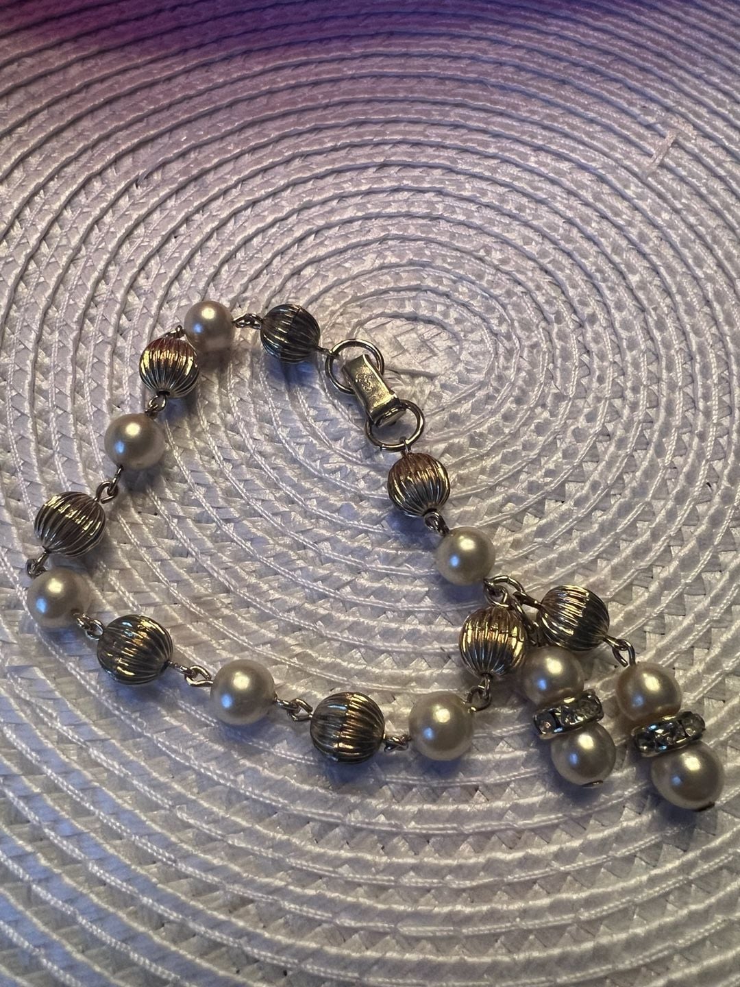 Coro Vintage Faux Pearl Charm Bracelet Gold Tone 3