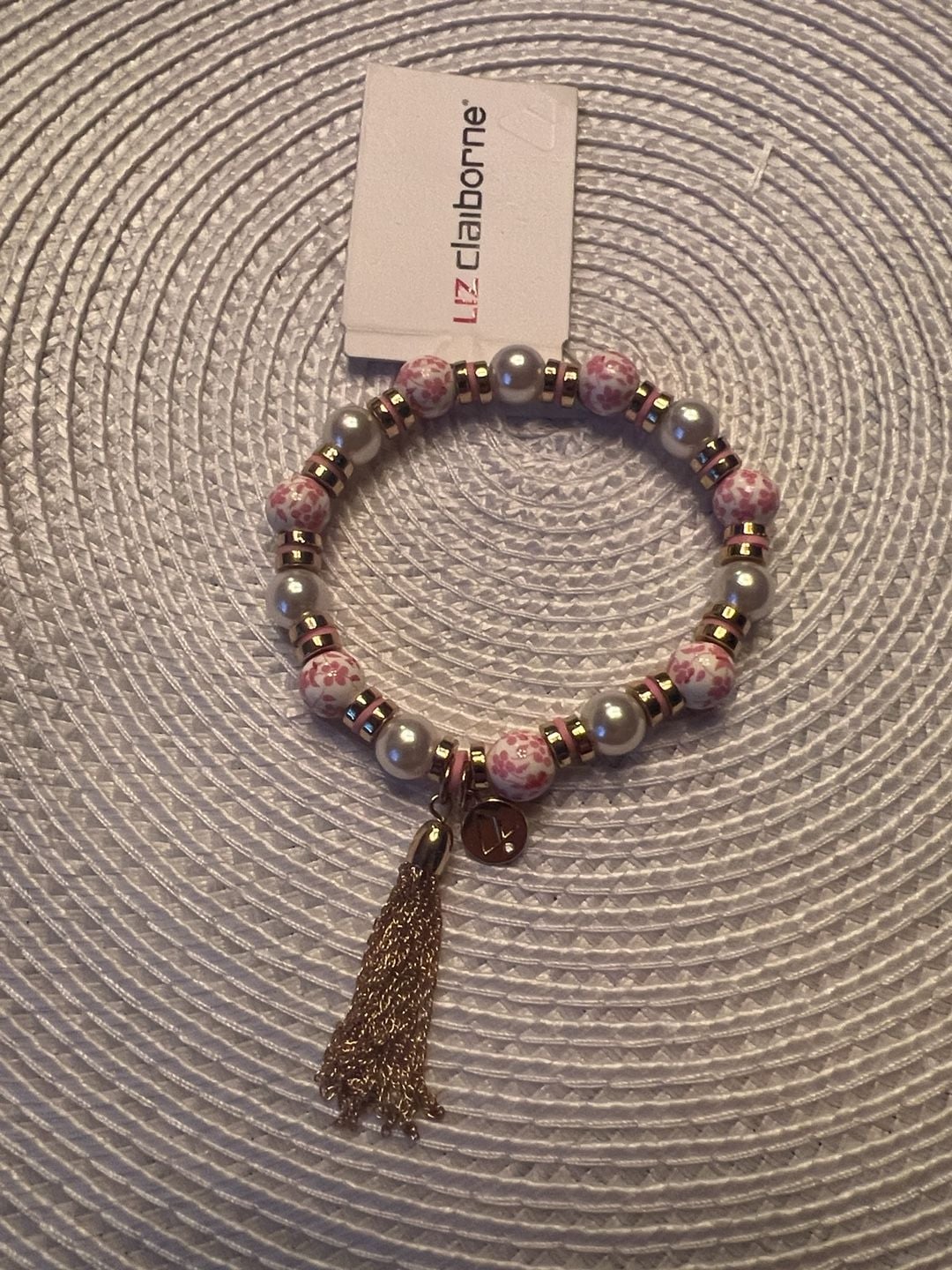 Vintage Liz Claiborne Pink Floral Bead And Tassel Stretch Bracelet 2