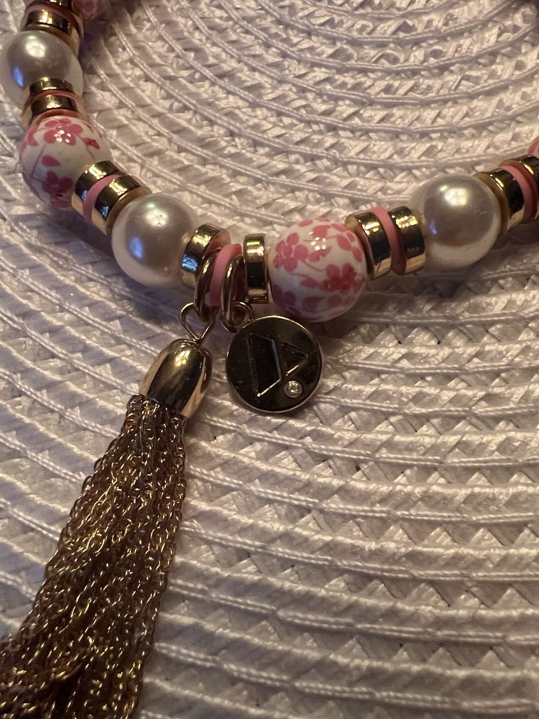Vintage Liz Claiborne Pink Floral Bead And Tassel Stretch Bracelet 3