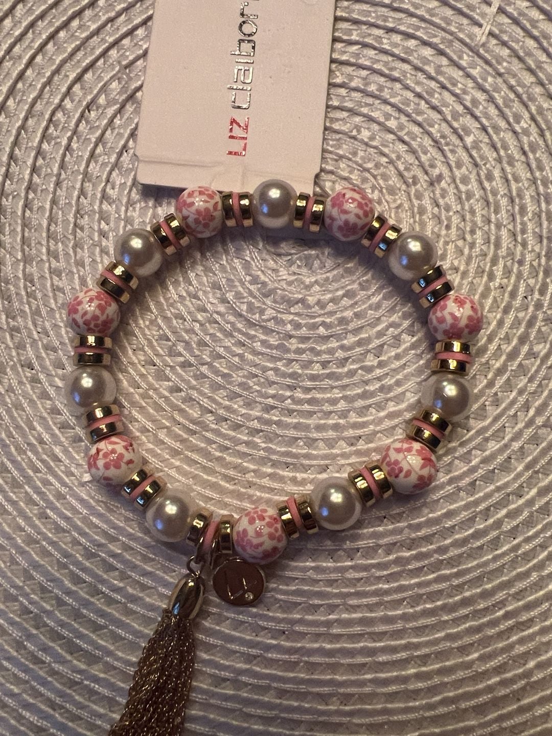 Vintage Liz Claiborne Pink Floral Bead And Tassel Stretch Bracelet 4