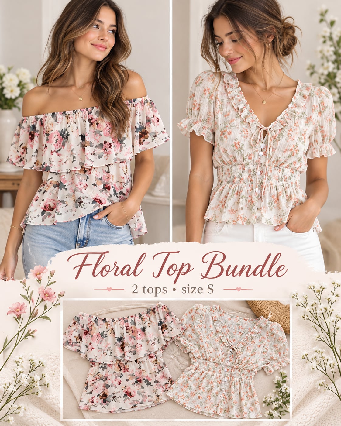 Floral Tops (2) Size S Pink Ivory Short Sleeve Ruffle Coral Flower Bouquet Blouse 2
