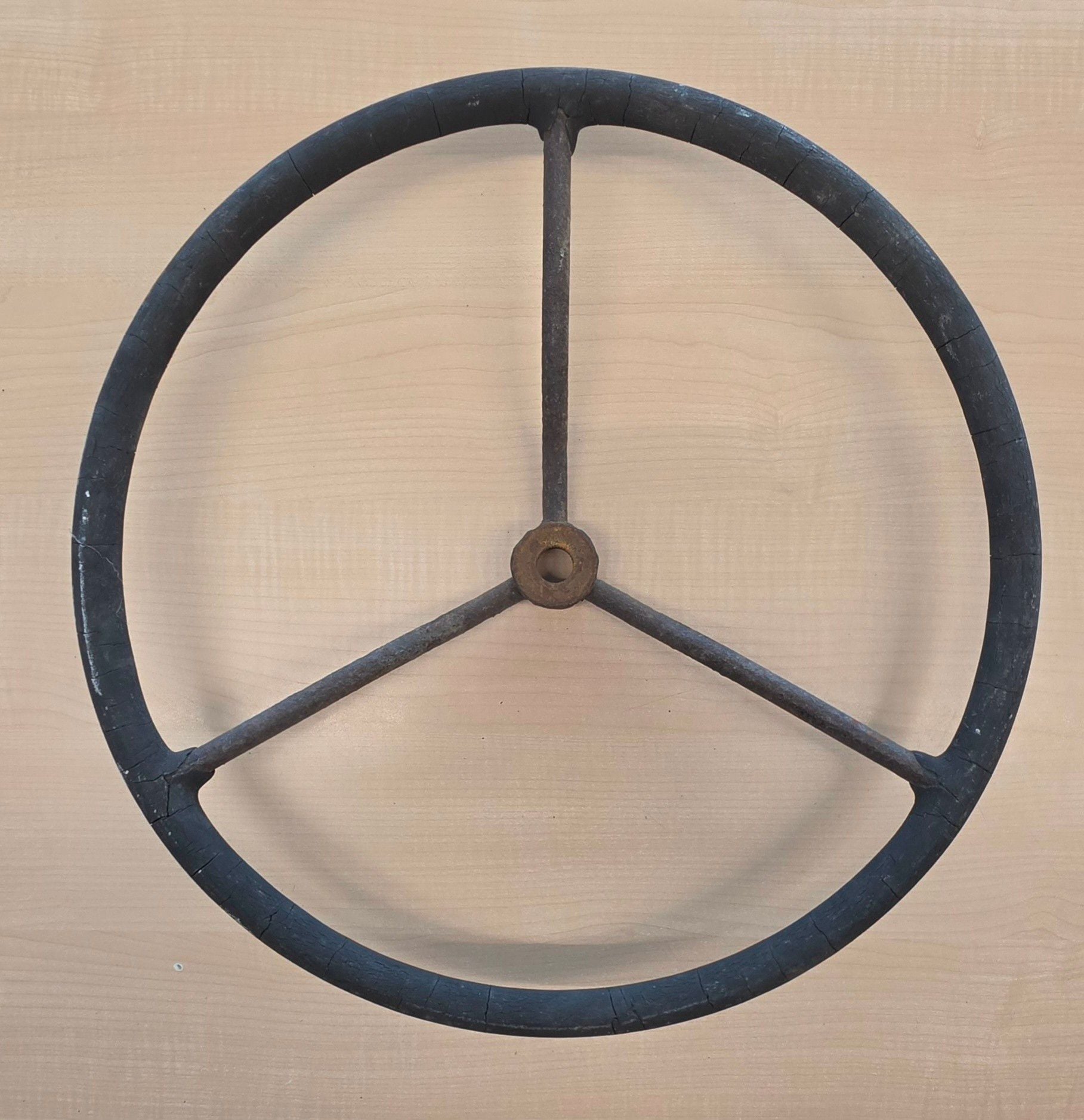 Vintage 3-Spoke Steering Wheel Industrial Metal Rubber 549 1