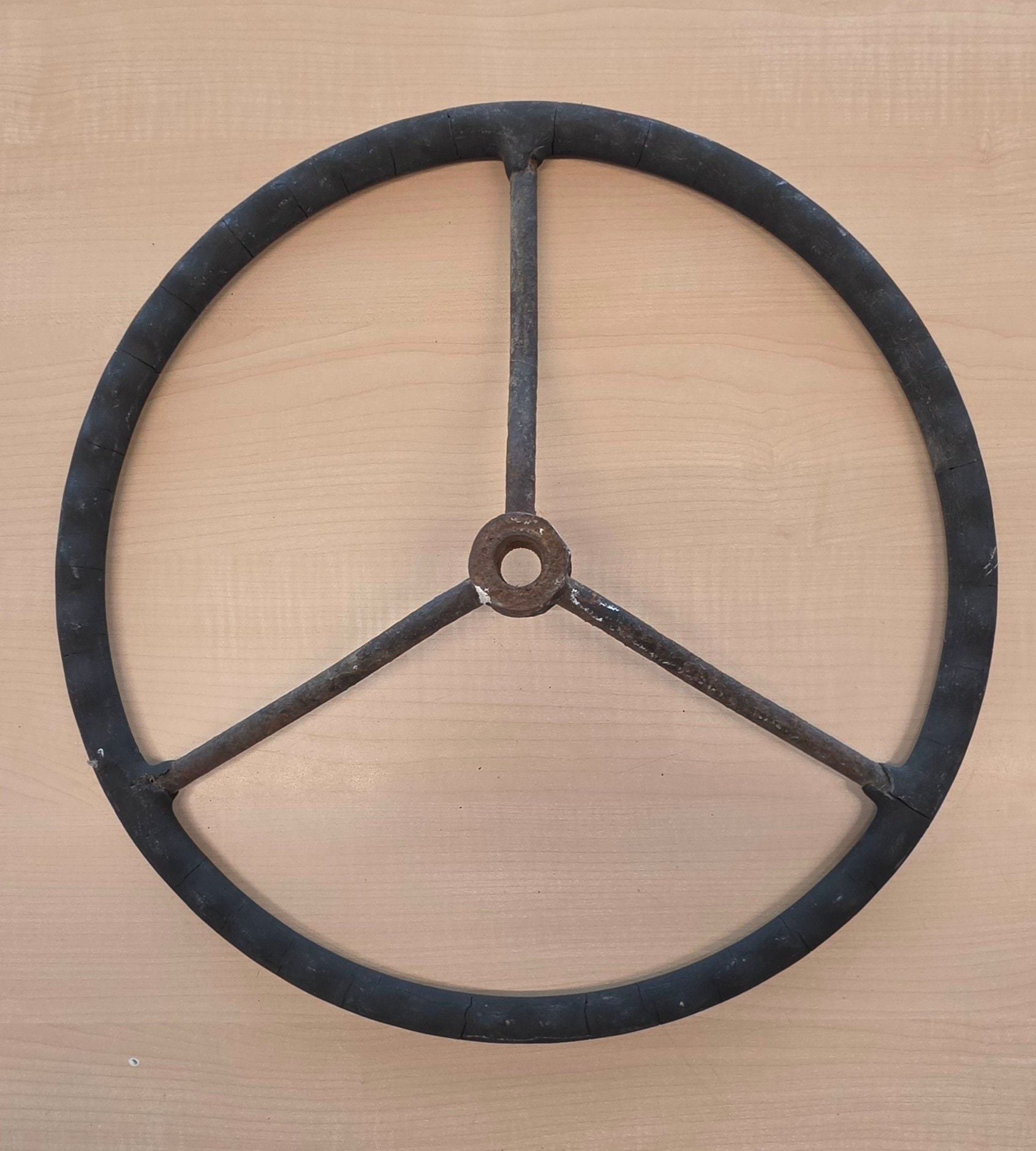 Vintage 3-Spoke Steering Wheel Industrial Metal Rubber 549 2