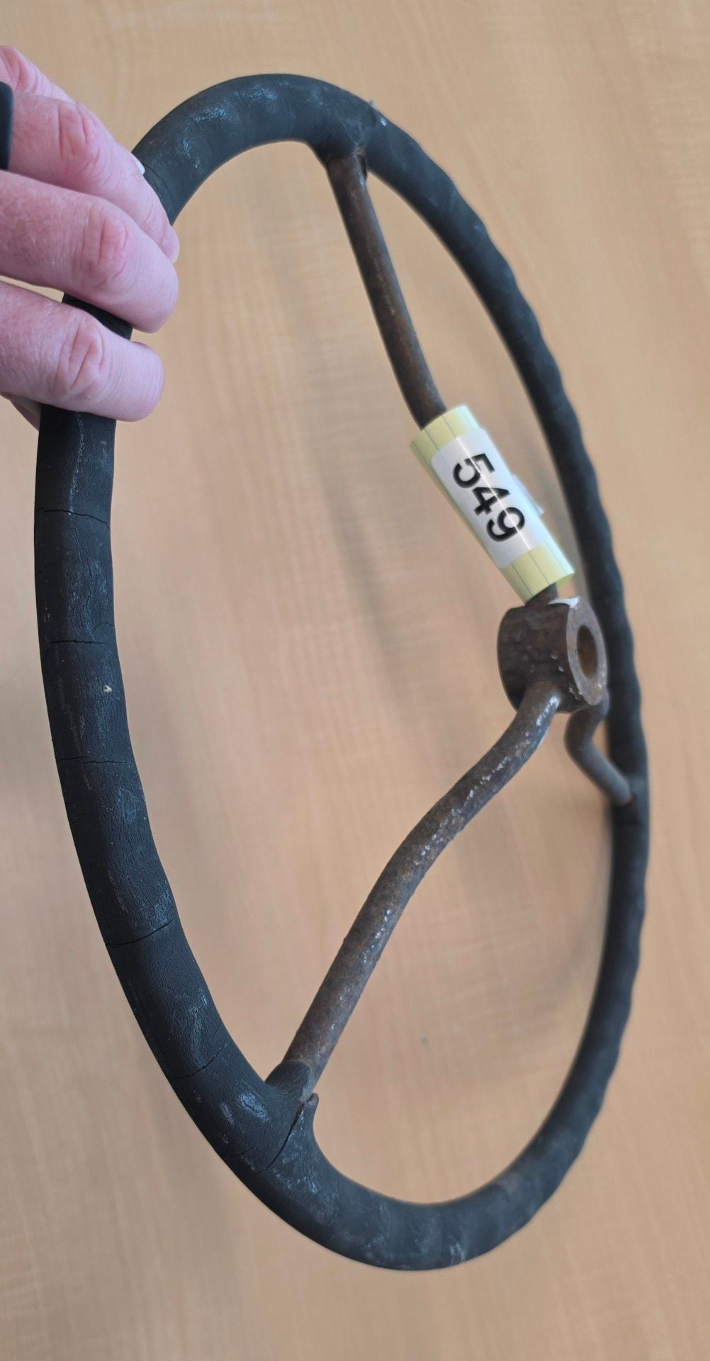 Vintage 3-Spoke Steering Wheel Industrial Metal Rubber 549 5