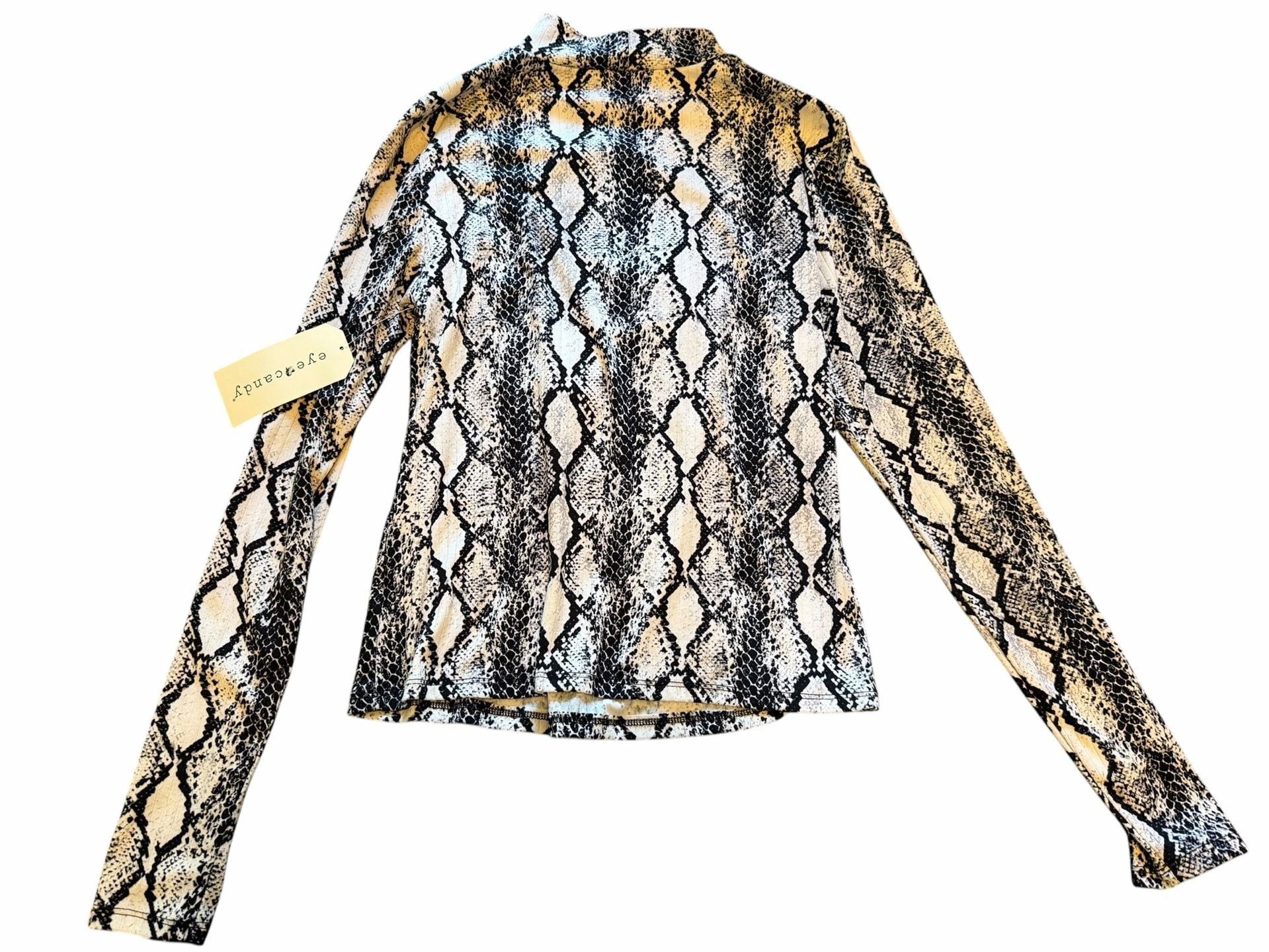 eye candy Long Sleeve Top Size M Black White Snakeskin Print Mock Neck 3