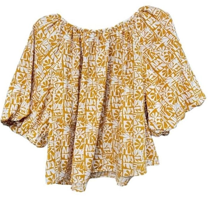 A.n.a Blouse Size XL Yellow White Printed Cotton Puff Sleeve Top 3