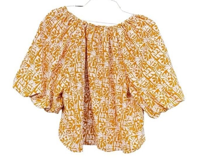 A.n.a Blouse Size XL Yellow White Printed Cotton Puff Sleeve Top 5