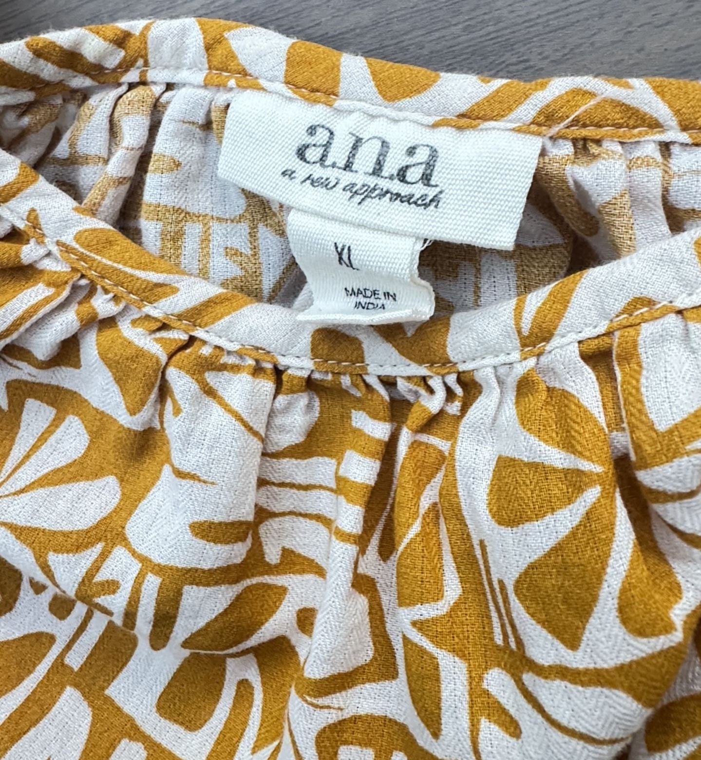 A.n.a Blouse Size XL Yellow White Printed Cotton Puff Sleeve Top 6