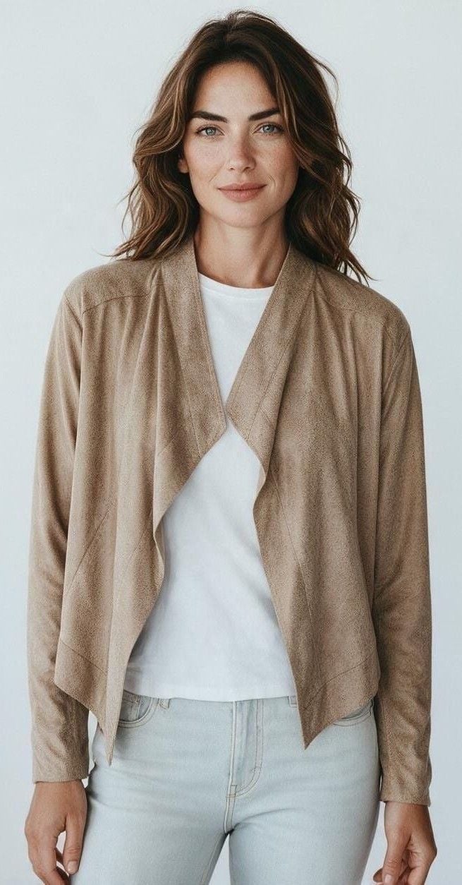 Lysse Faux Suede Jacket Size L Camel Brown Drape Open 2