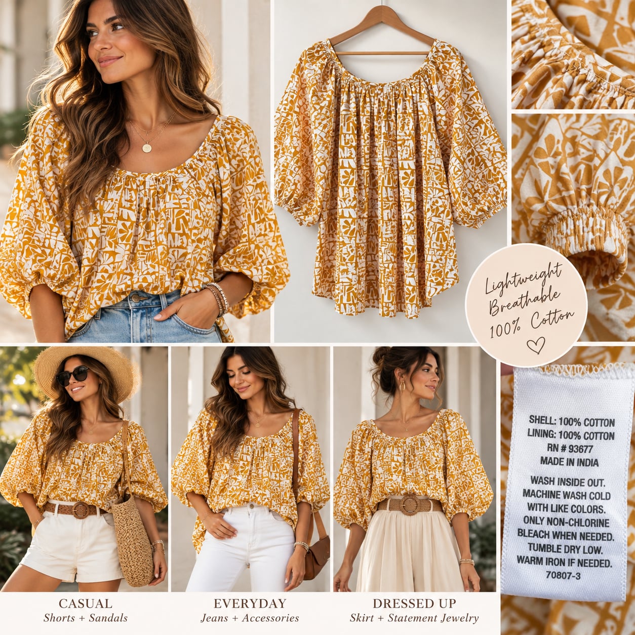A.n.a Blouse Size XL Yellow White Printed Cotton Puff Sleeve Top 2