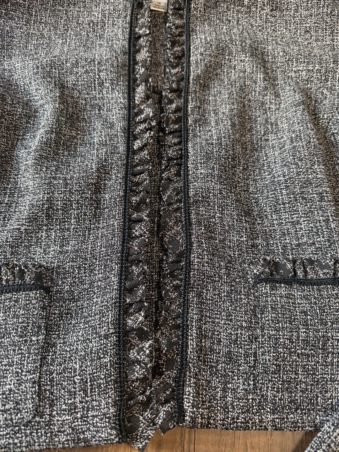 Danny & Nicole Jacket Size 14 Black White Tweed Open Front Ruffle Trim 7