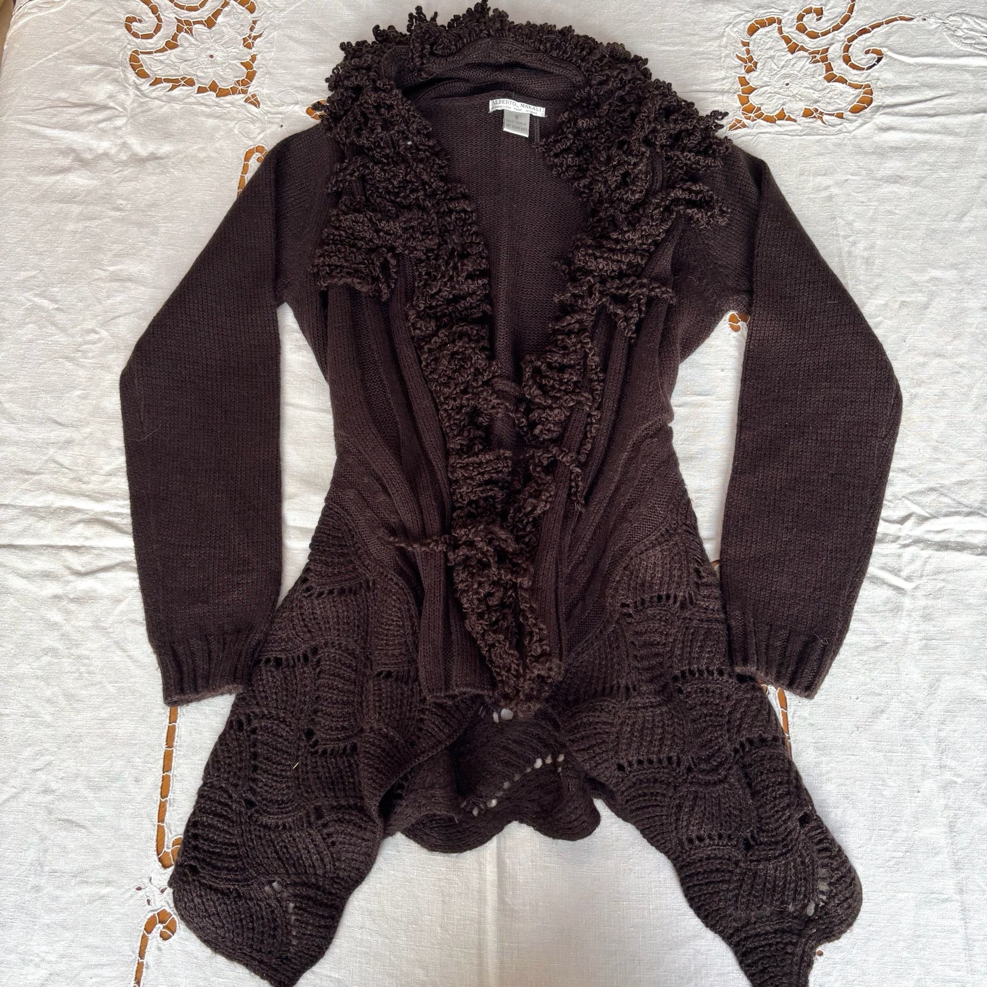 Alberto Makali Cardigan Sweater Size S Brown Ruffle Open Front 1
