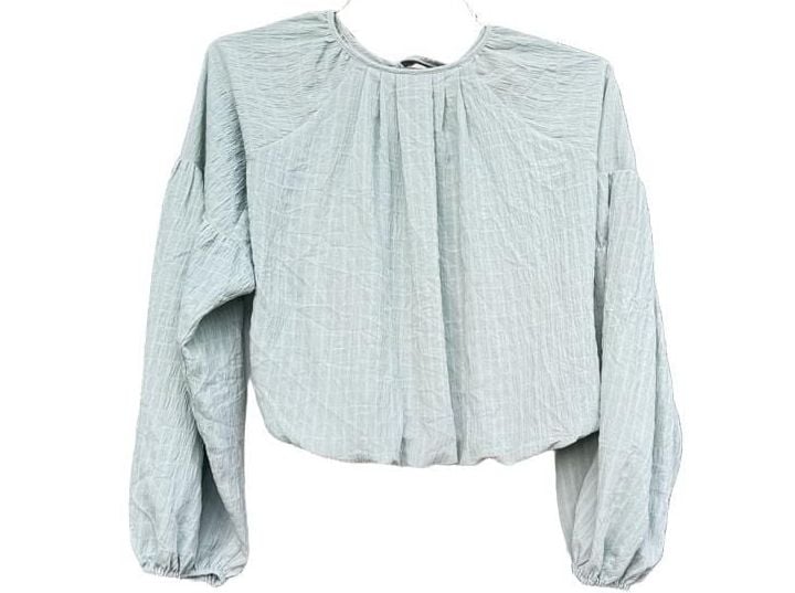 WAYF Blouse Size S Sage Green Textured Long Sleeve Tie Neck Crop Top 8