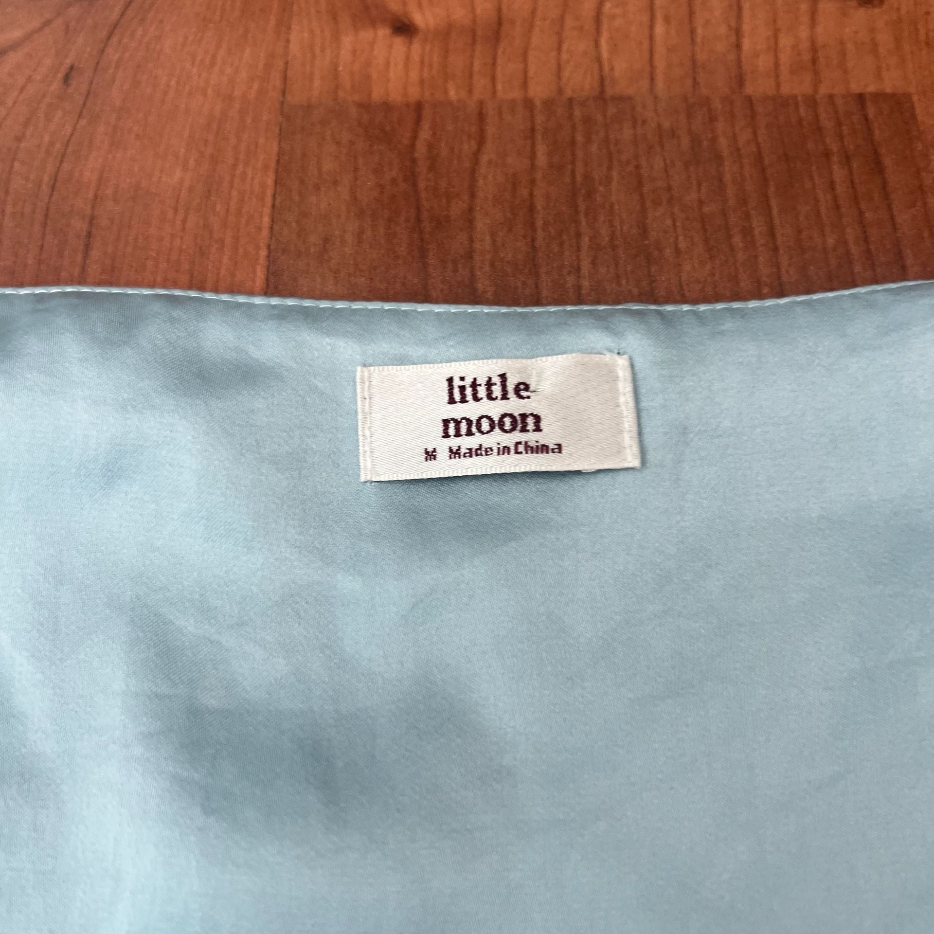 Little Moon Aritzia Blouse Size M Blue Satin Ruffle Crystal Buttons Peplum 3