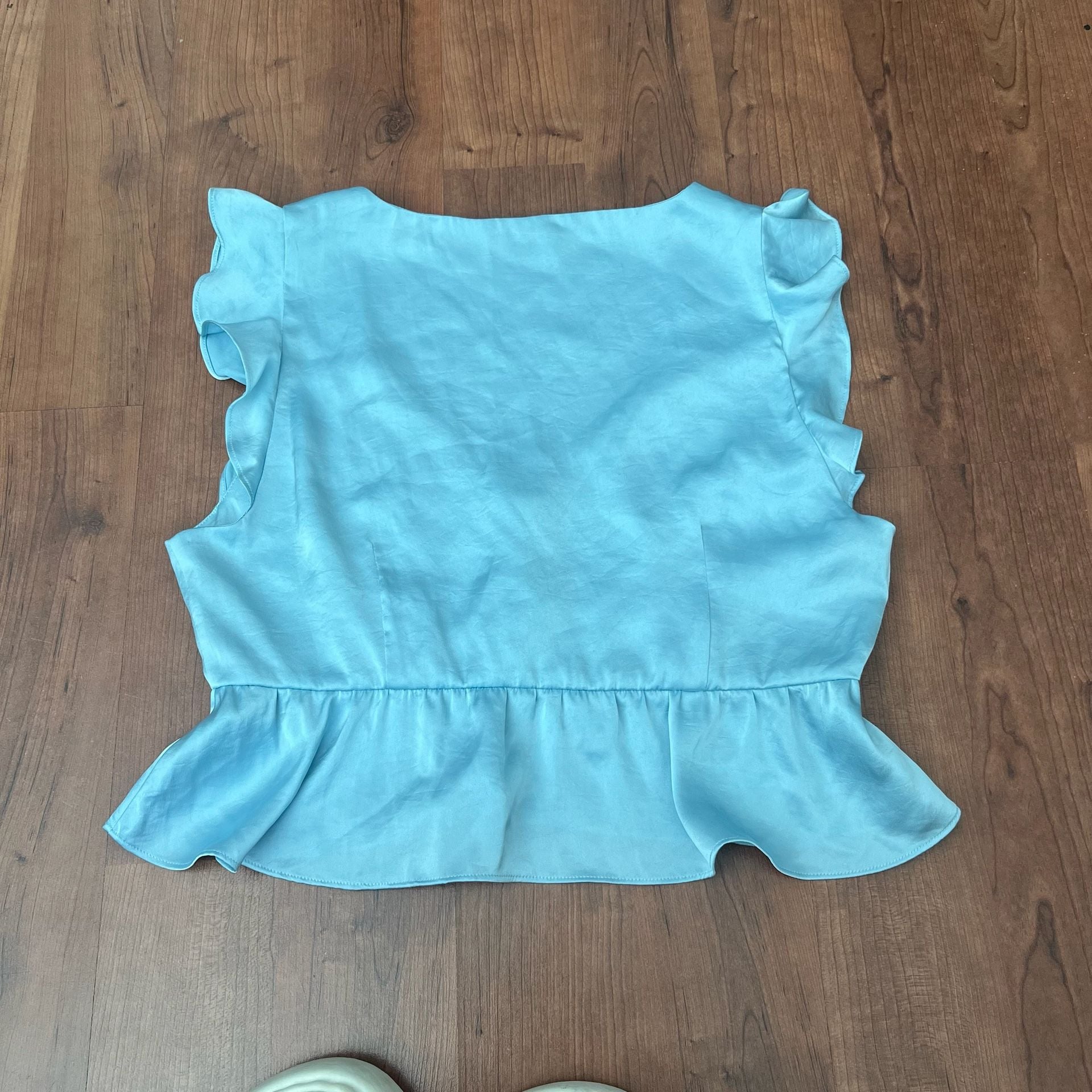 Little Moon Aritzia Blouse Size M Blue Satin Ruffle Crystal Buttons Peplum 4