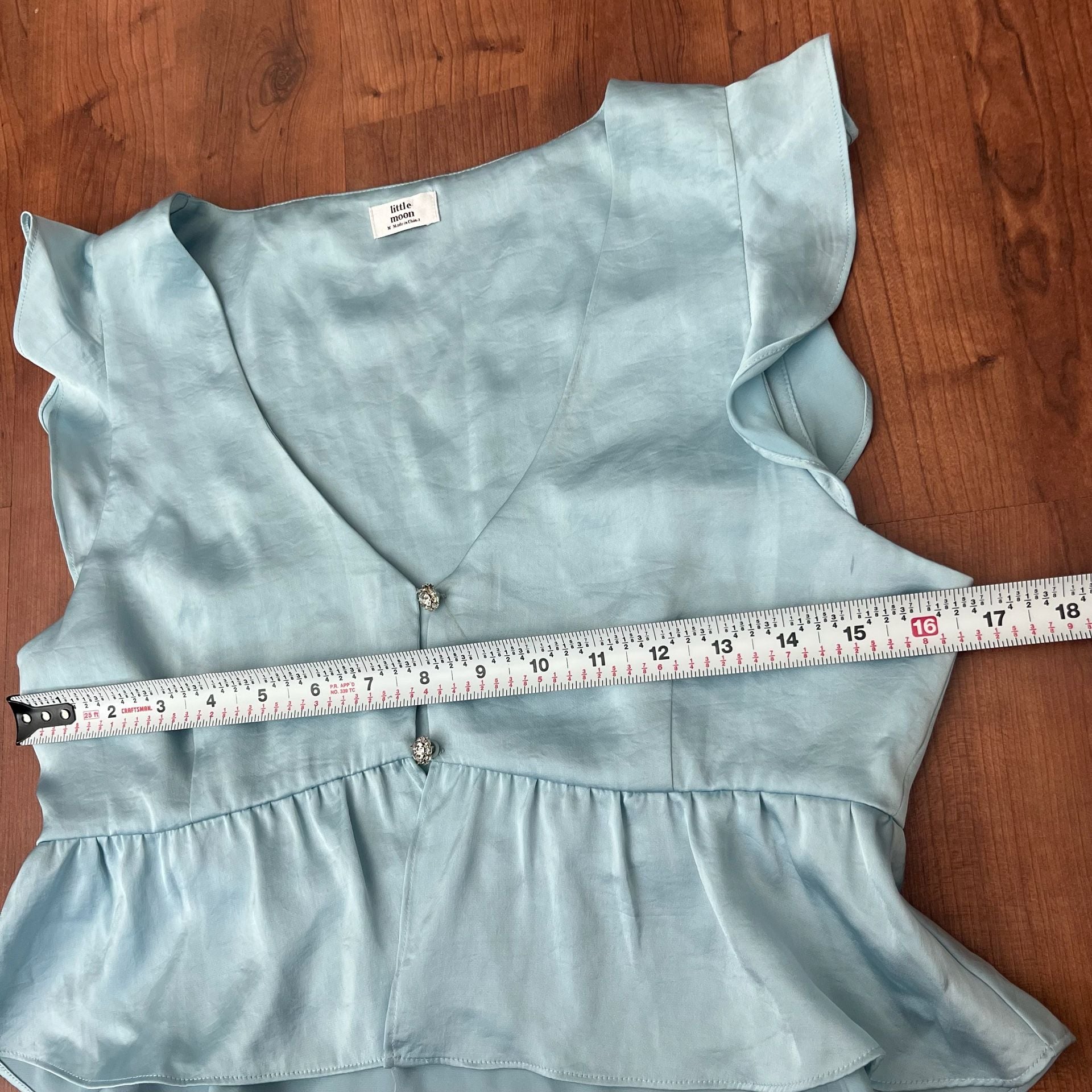 Little Moon Aritzia Blouse Size M Blue Satin Ruffle Crystal Buttons Peplum 5