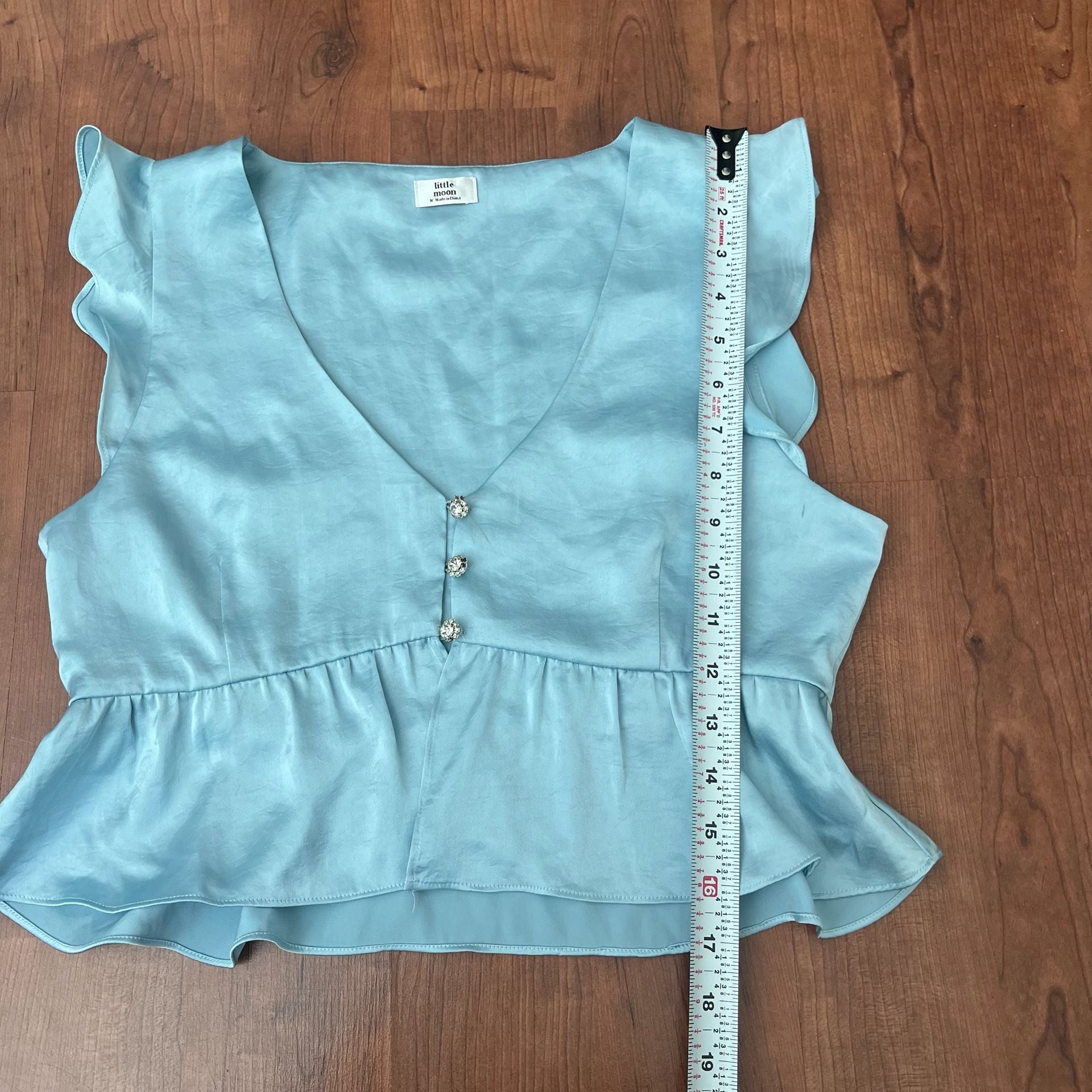 Little Moon Aritzia Blouse Size M Blue Satin Ruffle Crystal Buttons Peplum 6