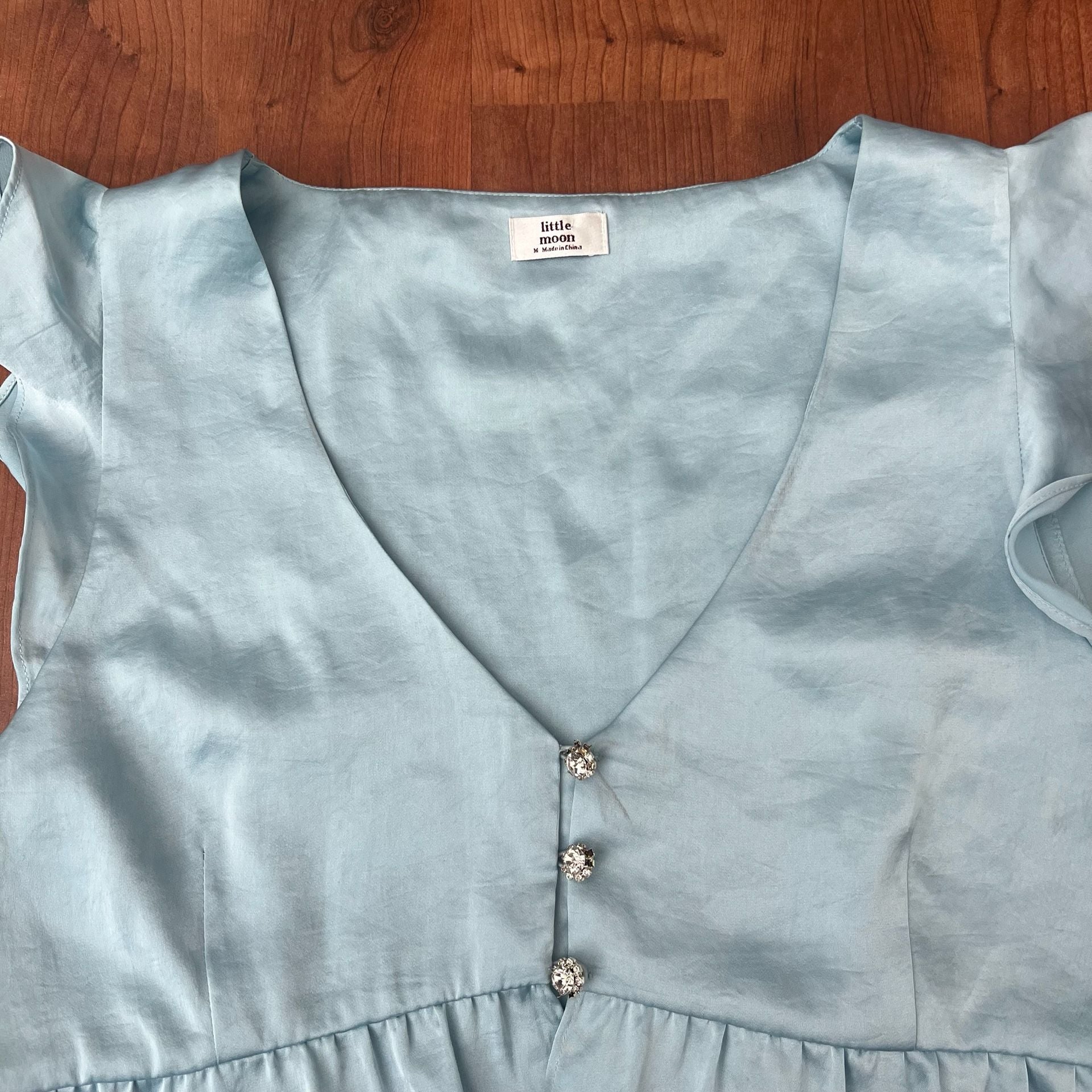 Little Moon Aritzia Blouse Size M Blue Satin Ruffle Crystal Buttons Peplum 8