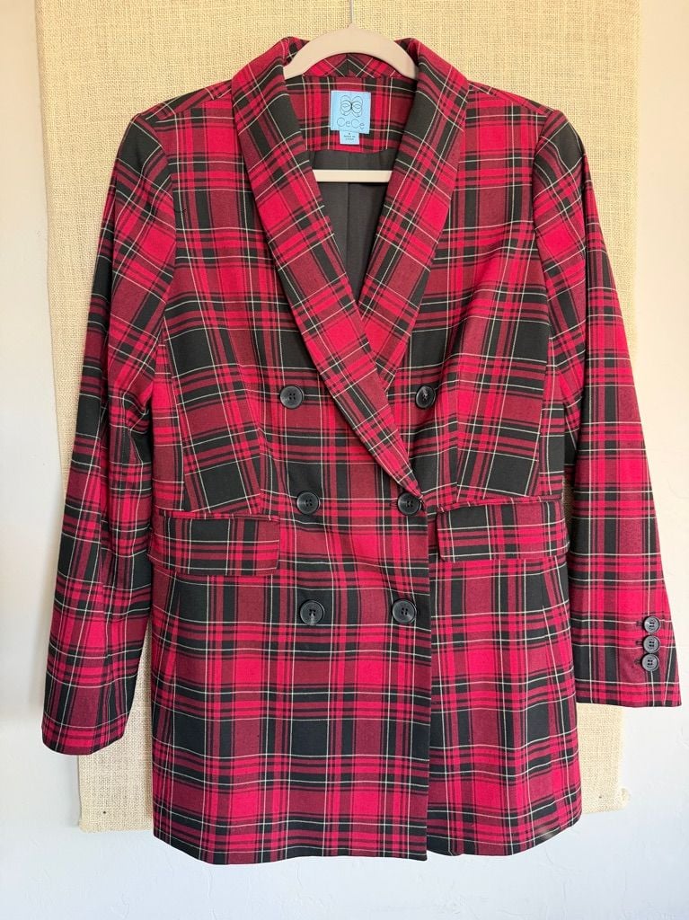 CeCe Plaid Double Breasted Blazer Size 8 Red Black 2