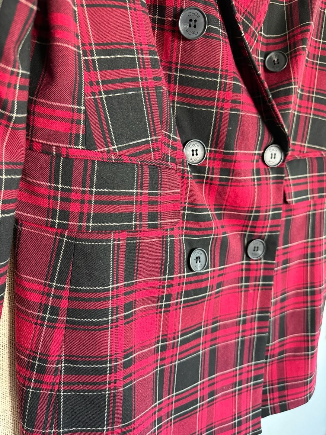 CeCe Plaid Double Breasted Blazer Size 8 Red Black 9
