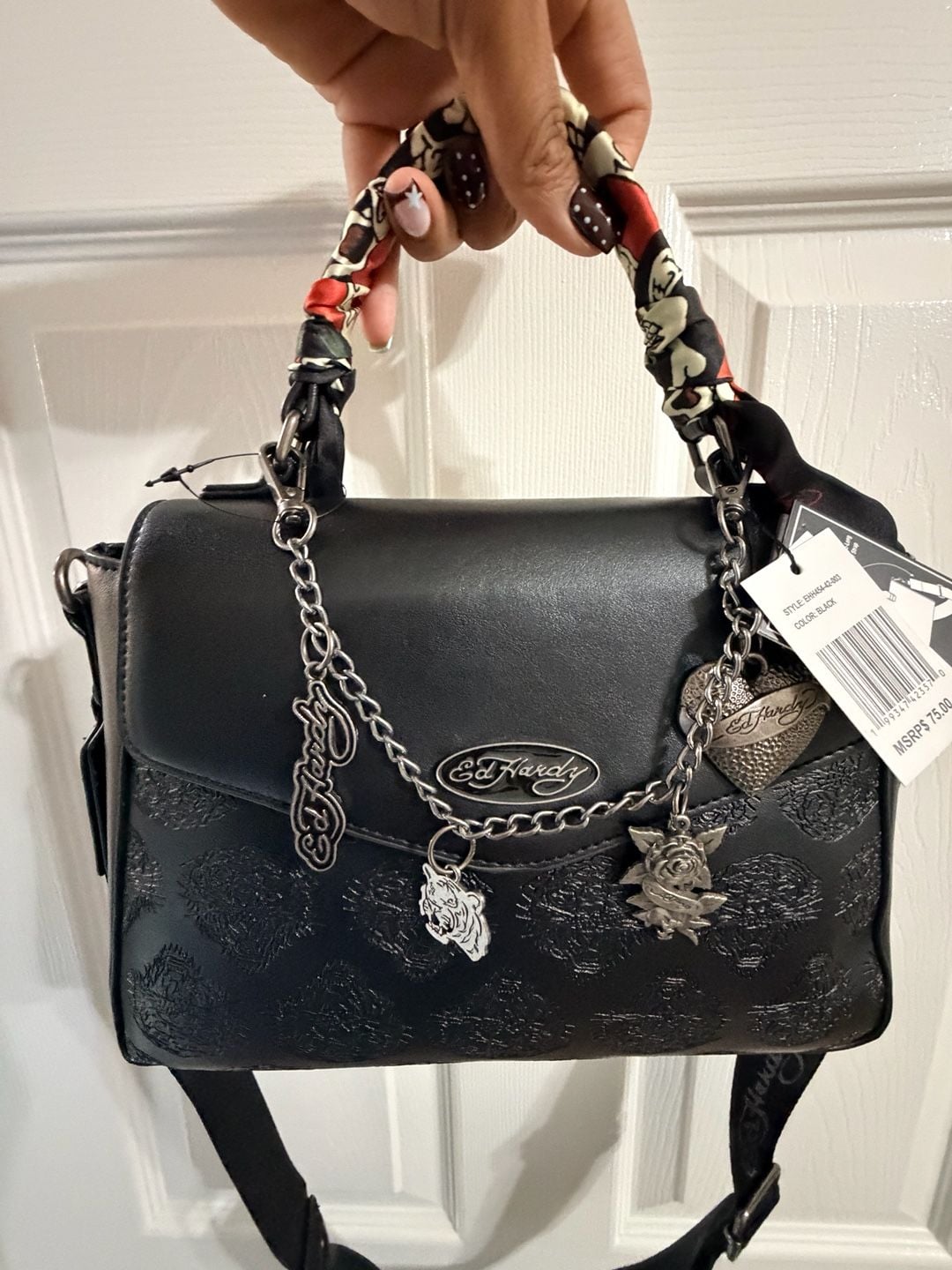 Ed Hardy Black Handbag With Scarf And Charms New With Tags 5