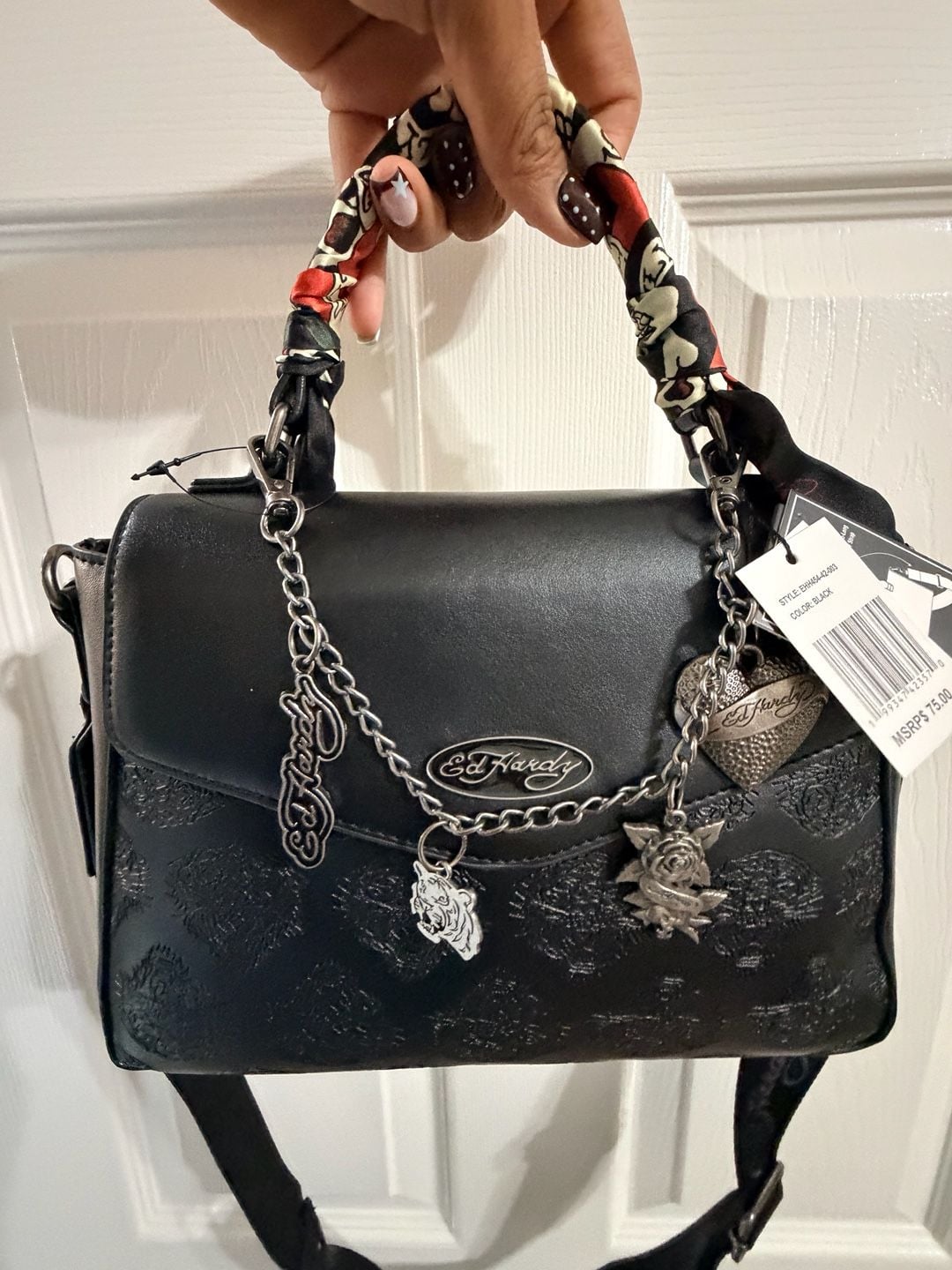 Ed Hardy Black Handbag With Scarf And Charms New With Tags 6