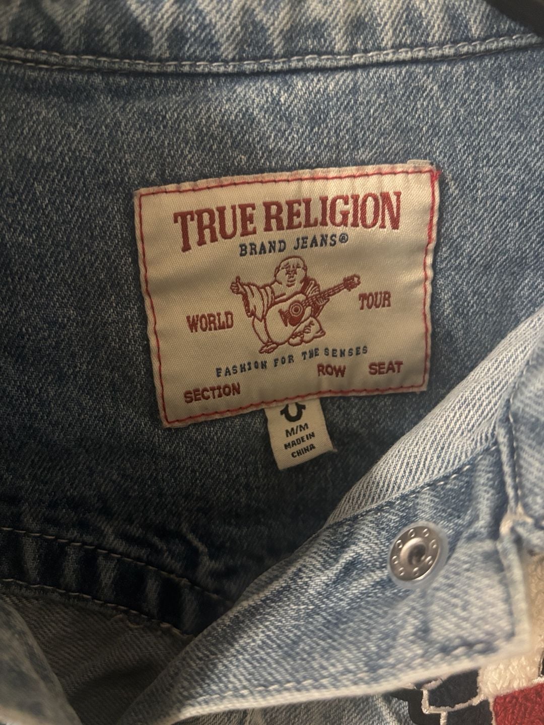 True Religion Denim Bomber Jacket Size M Blue White Patches 2