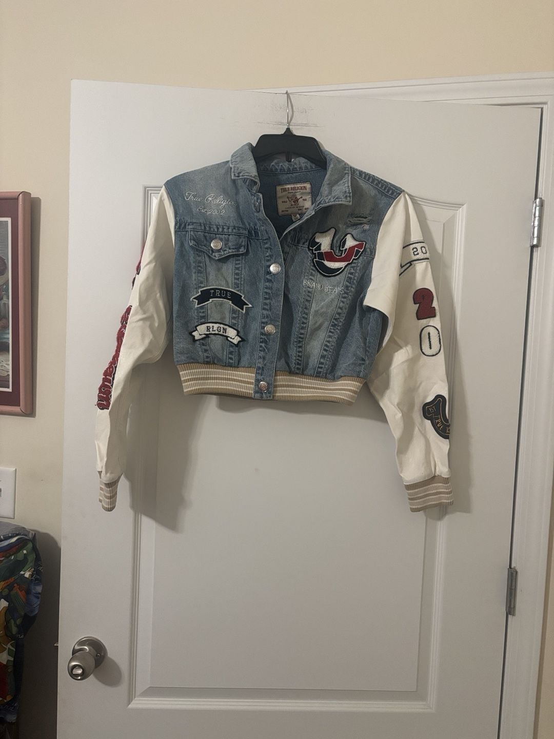 True Religion Denim Bomber Jacket Size M Blue White Patches 3