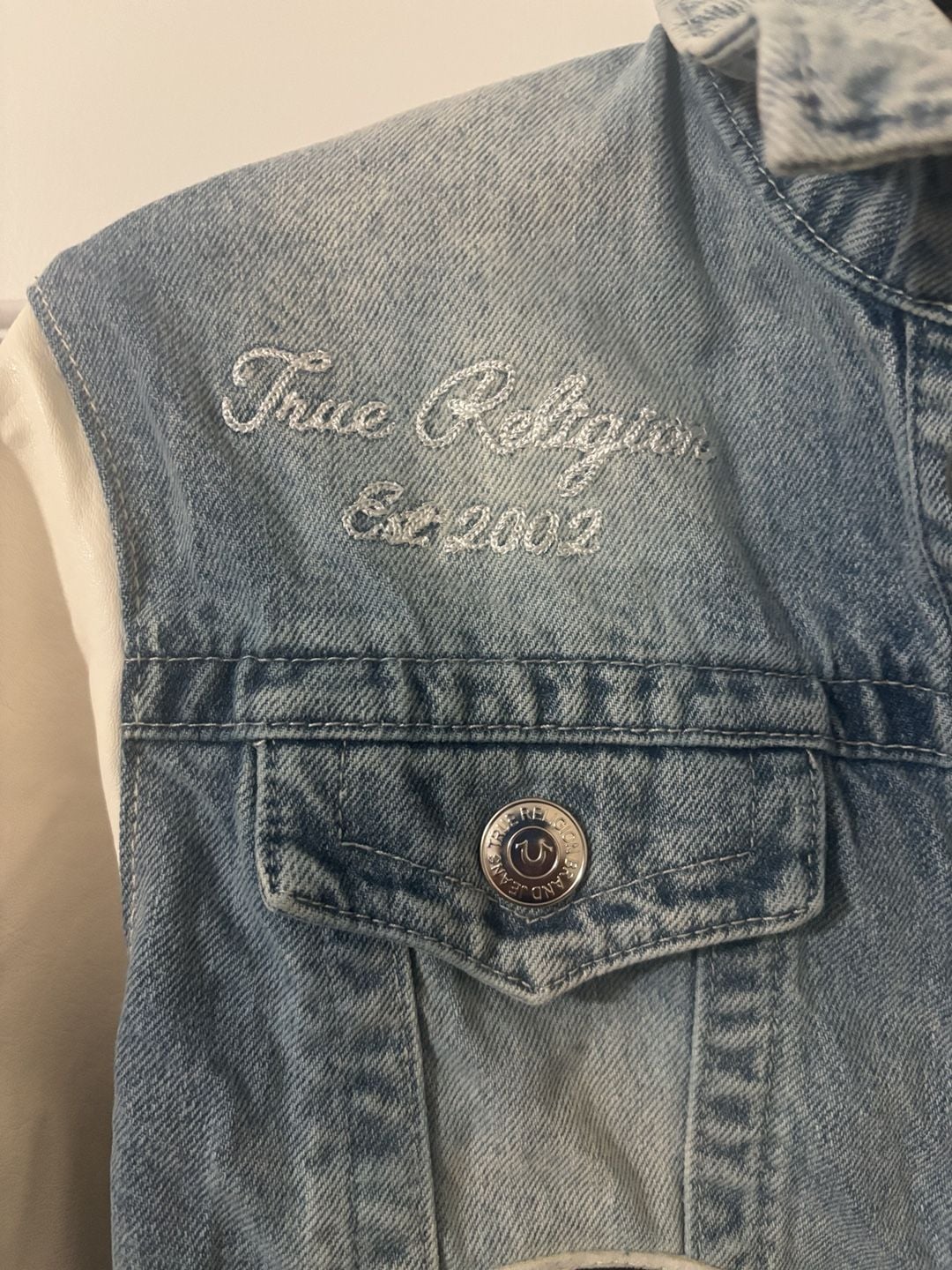True Religion Denim Bomber Jacket Size M Blue White Patches 4