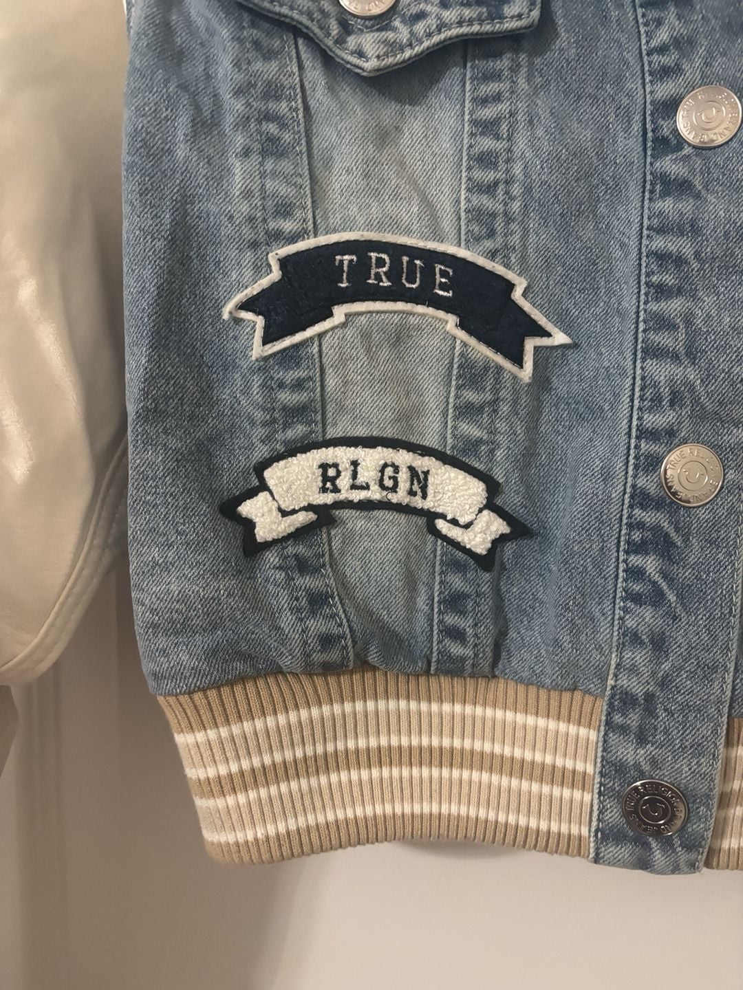 True Religion Denim Bomber Jacket Size M Blue White Patches 5
