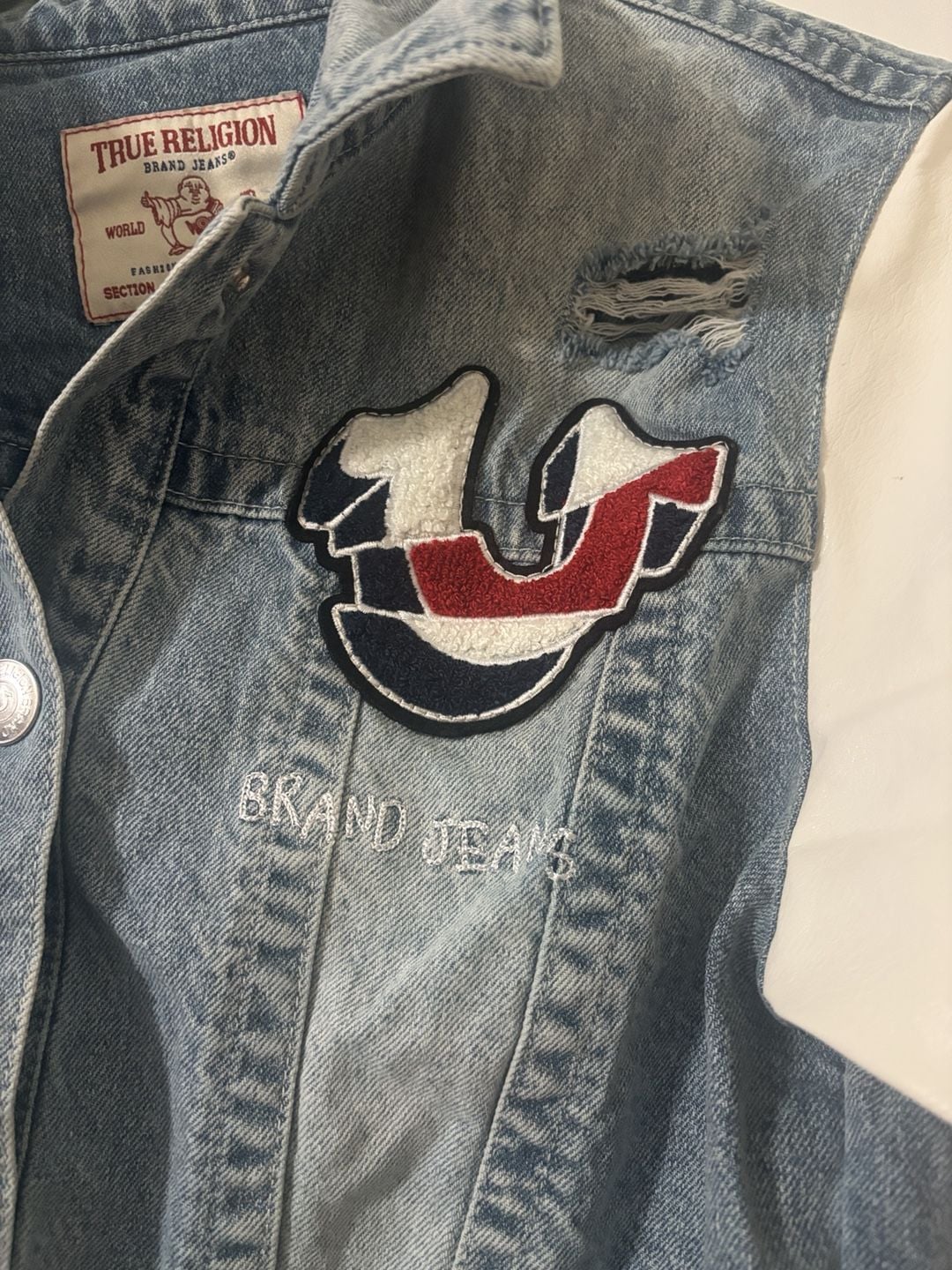True Religion Denim Bomber Jacket Size M Blue White Patches 6