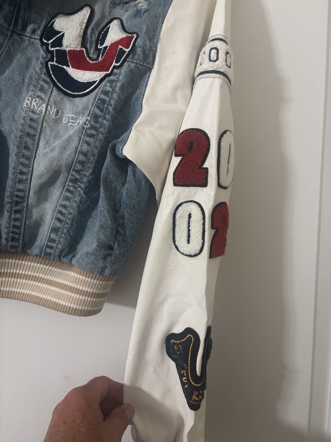 True Religion Denim Bomber Jacket Size M Blue White Patches 7