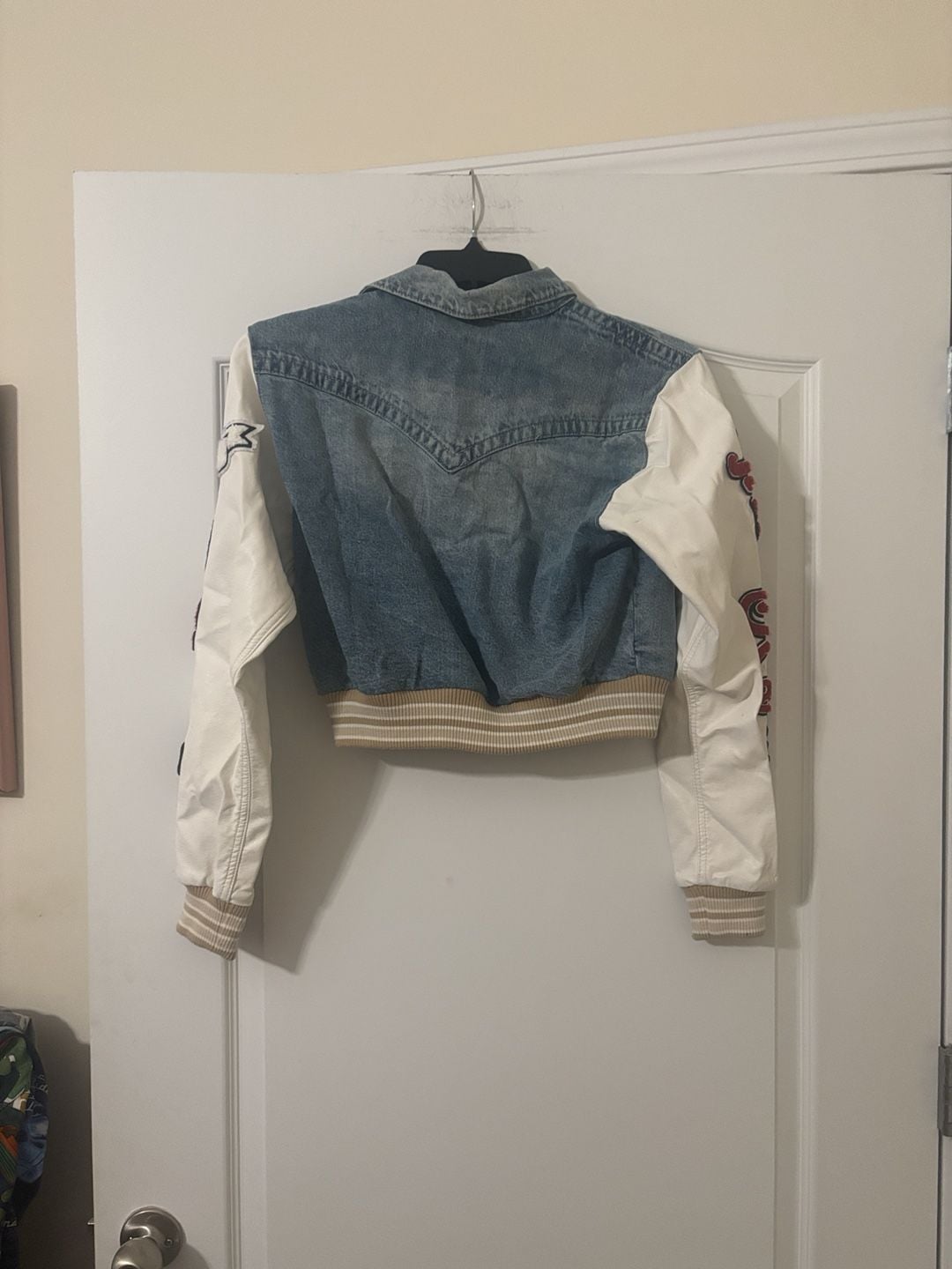 True Religion Denim Bomber Jacket Size M Blue White Patches 9