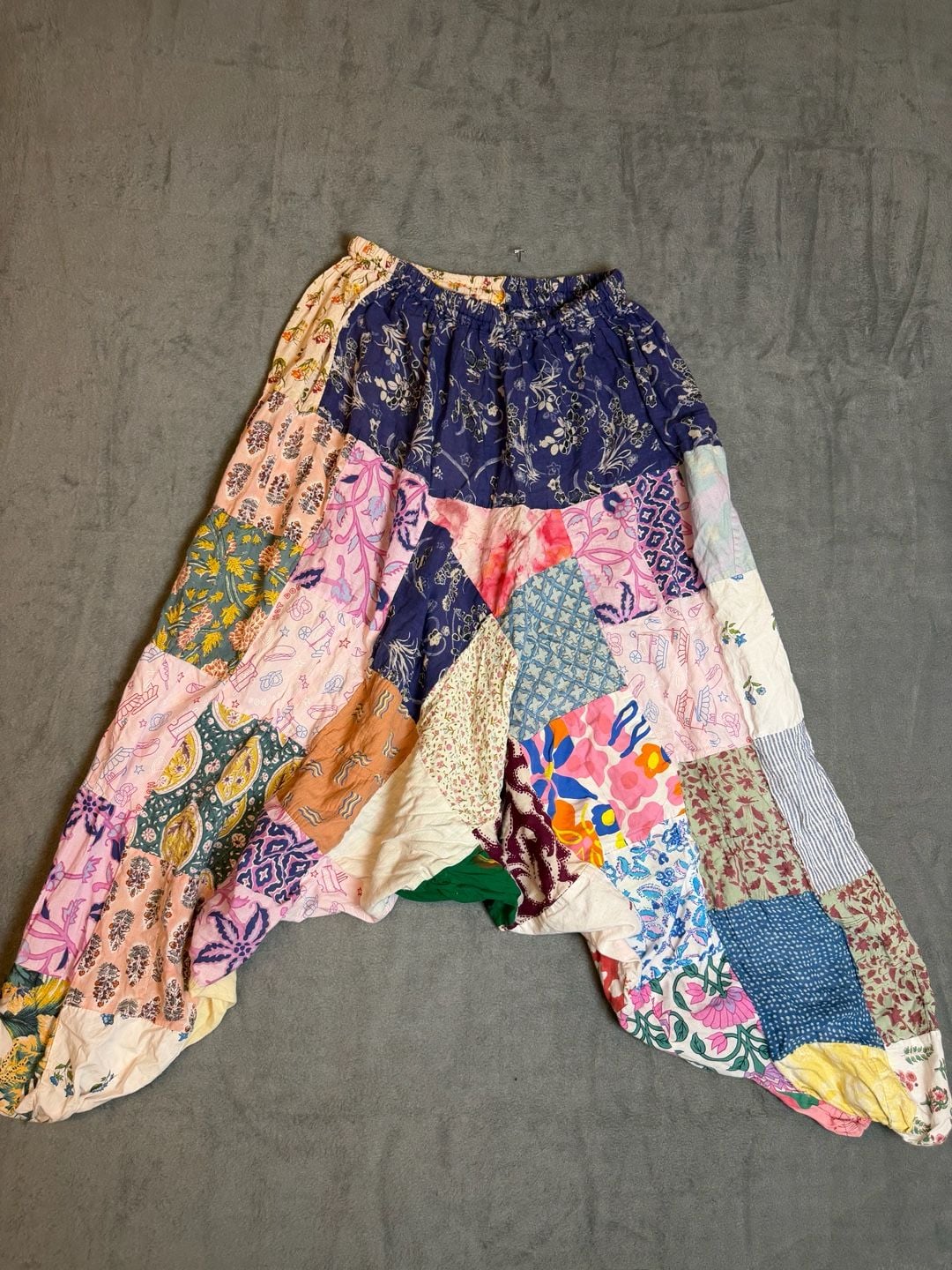 Boho Patchwork Drop Crotch Harem Pants Multicolor Cotton Elastic Waist 7