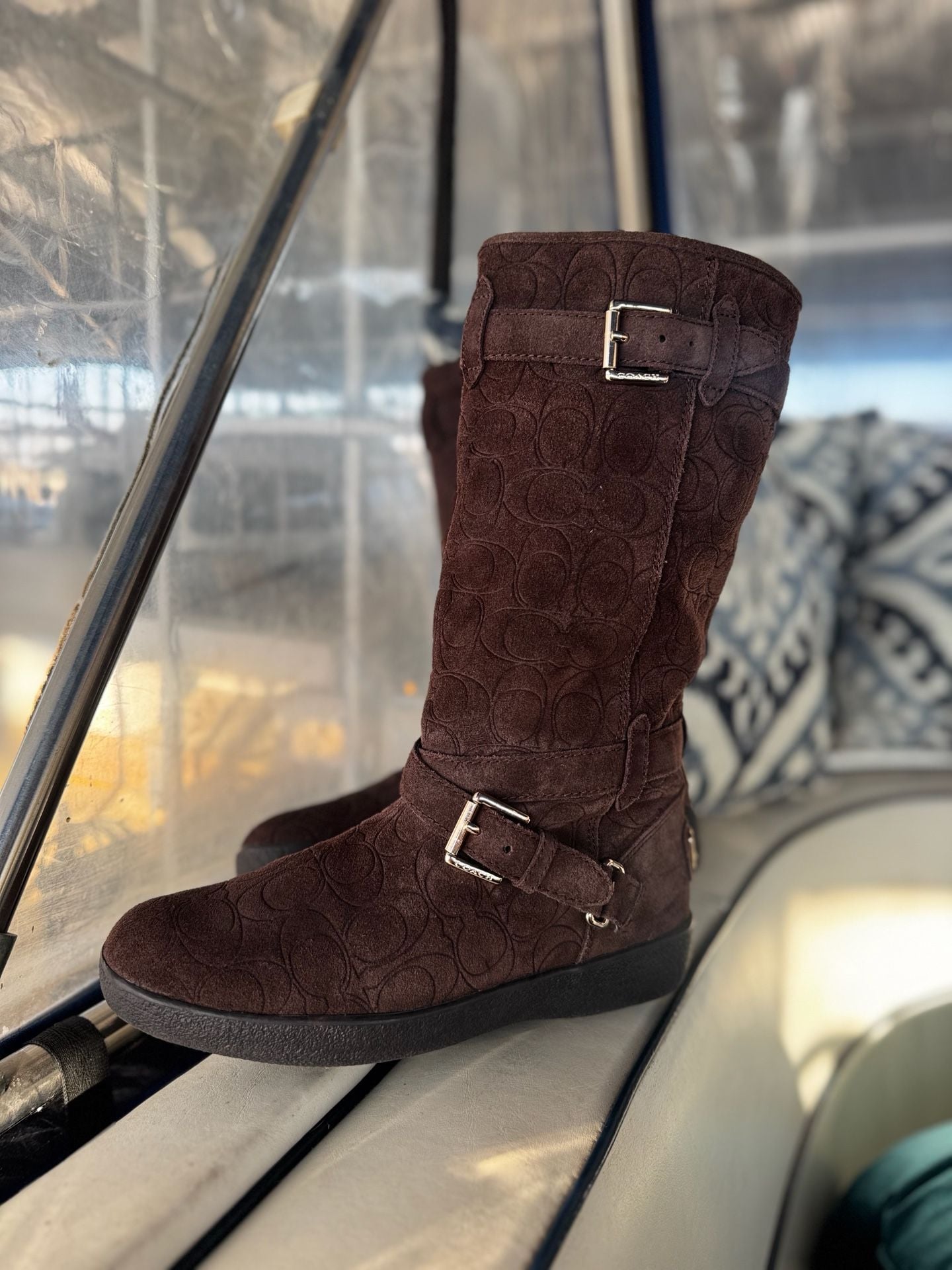 Coach Thelma A4671 monogram C Brown Suede Buckle Boot Sz US 8/38.5 2