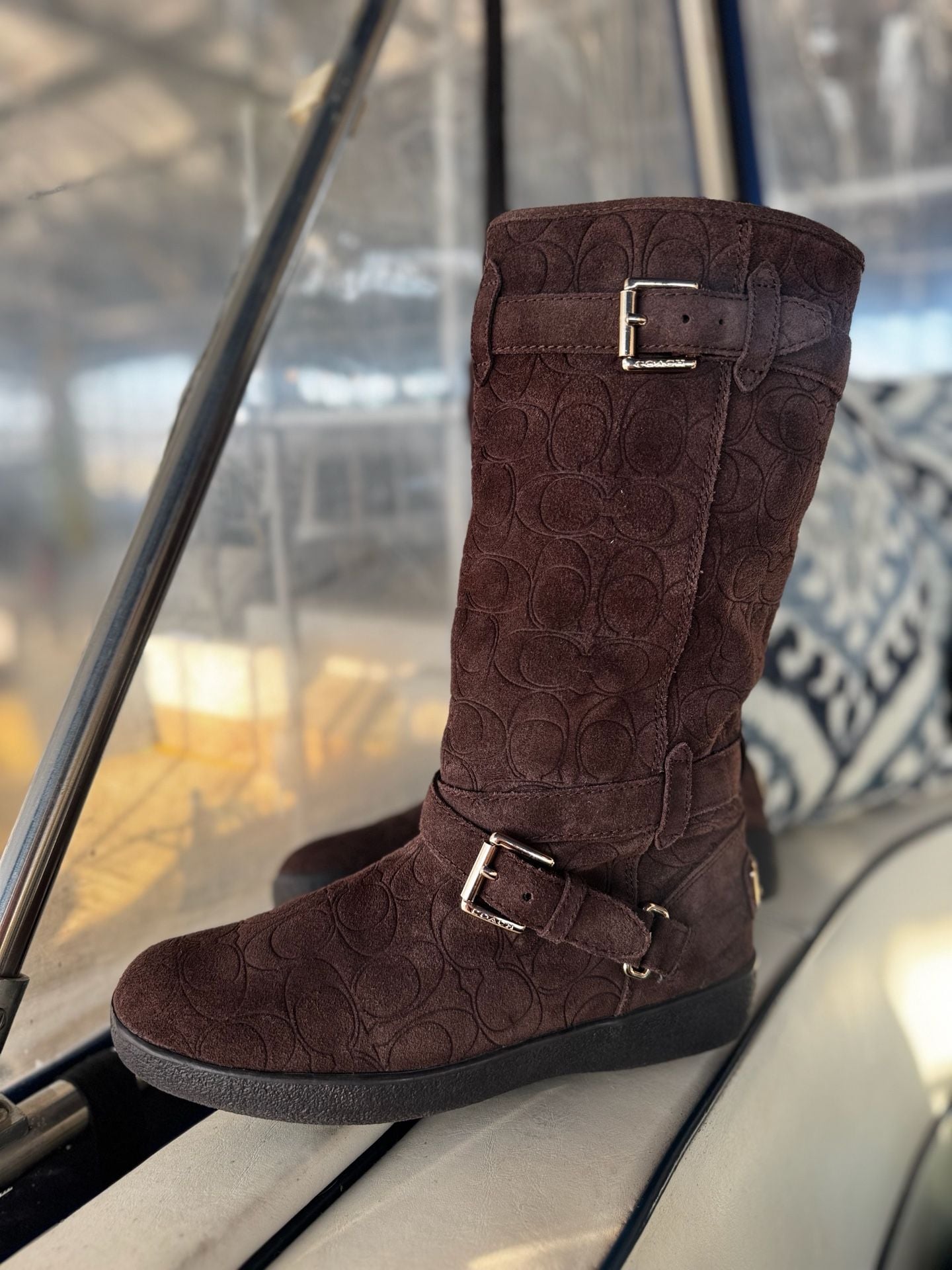 Coach Thelma A4671 monogram C Brown Suede Buckle Boot Sz US 8/38.5 3