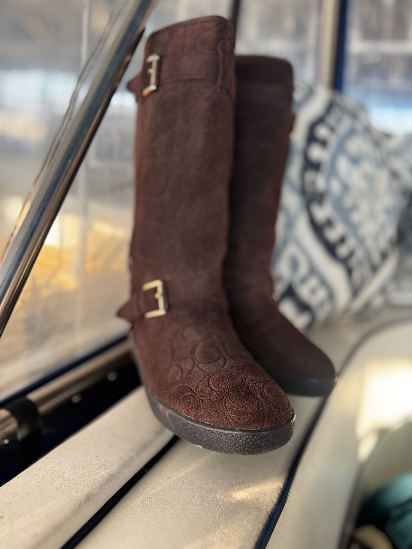 Coach Thelma A4671 monogram C Brown Suede Buckle Boot Sz US 8/38.5 4